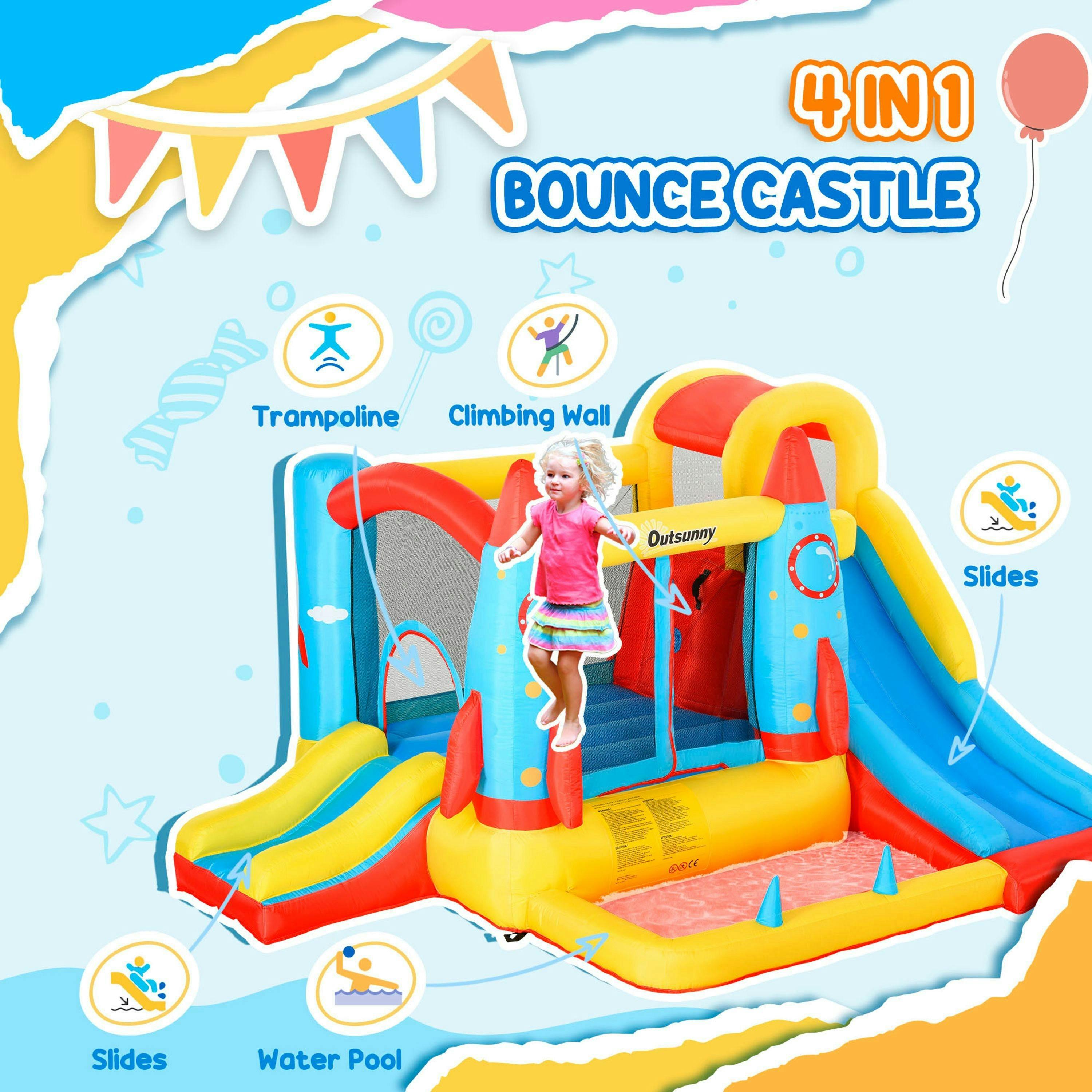 Outsunny Bouncy Castle with Slide Pool Rocket Trampoline w/ Carrybag, Blower , view 4 of 6