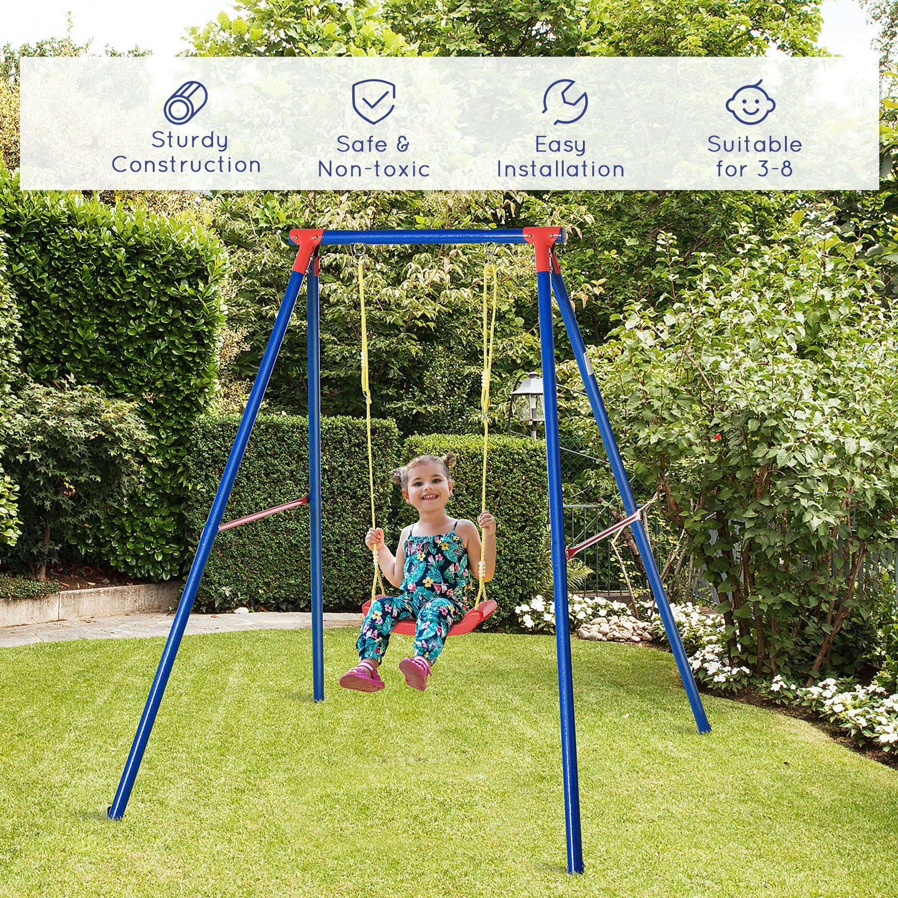 Outsunny Metal Swing Set w/ Adjustable Rope A-Frame Stand Outdoor Playset , view 5 of 6