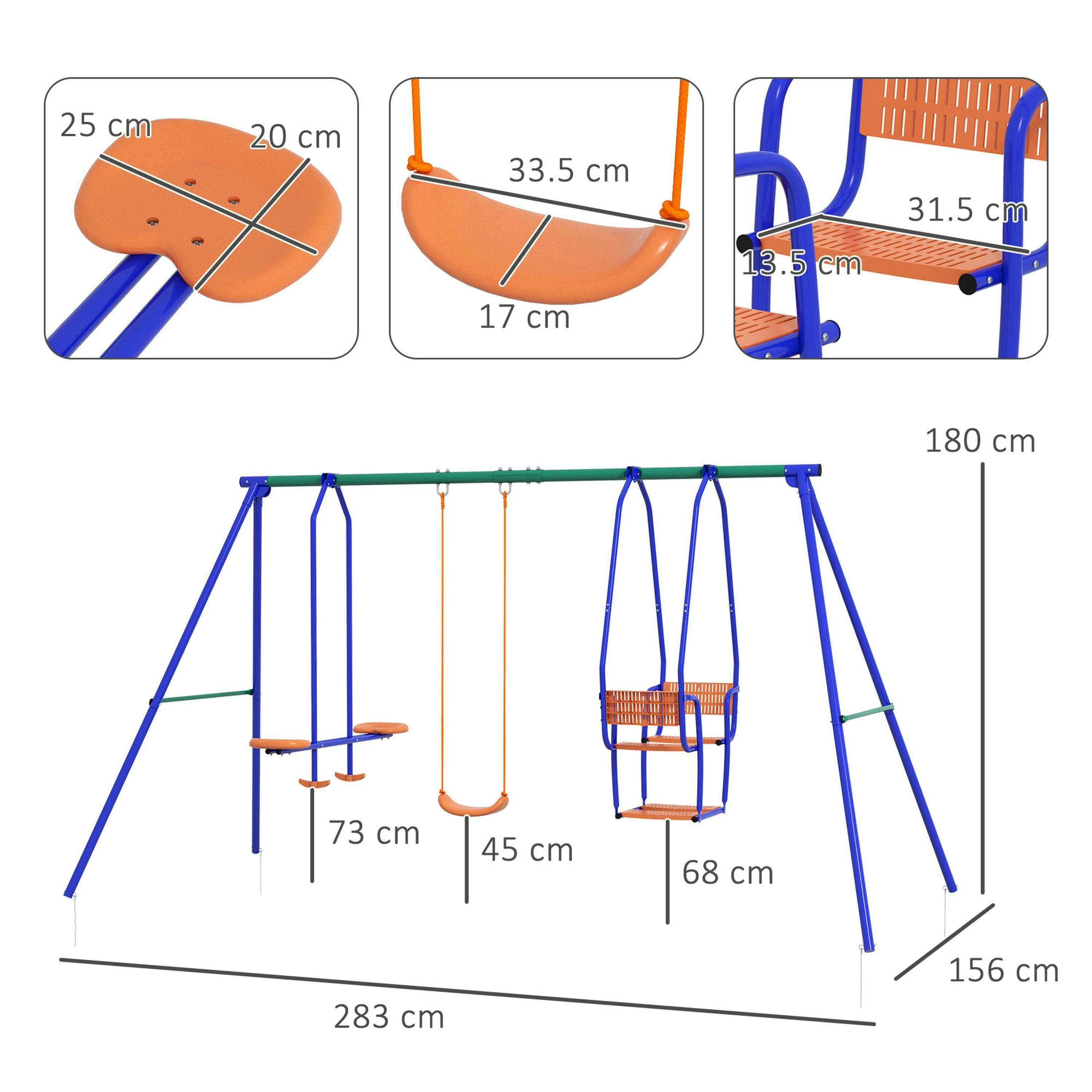 Outsunny 3 in 1 Metal Kids Swing Set with Swing, Glider, Rocking Chair , view 3 of 6