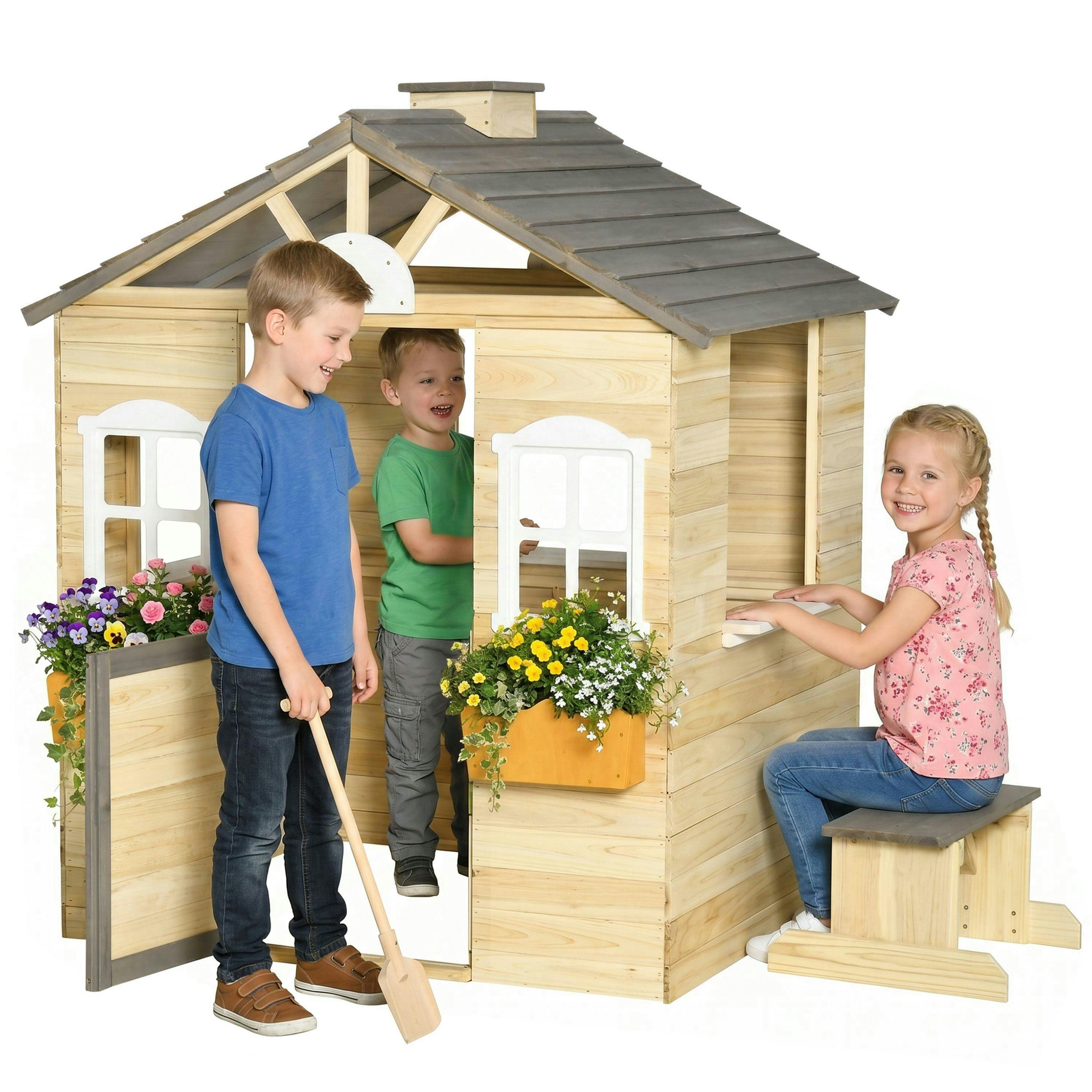 Outsunny Wooden Kids Playhouse w/ Door, Windows, Bench, For 3-7 Years , view 2 of 6