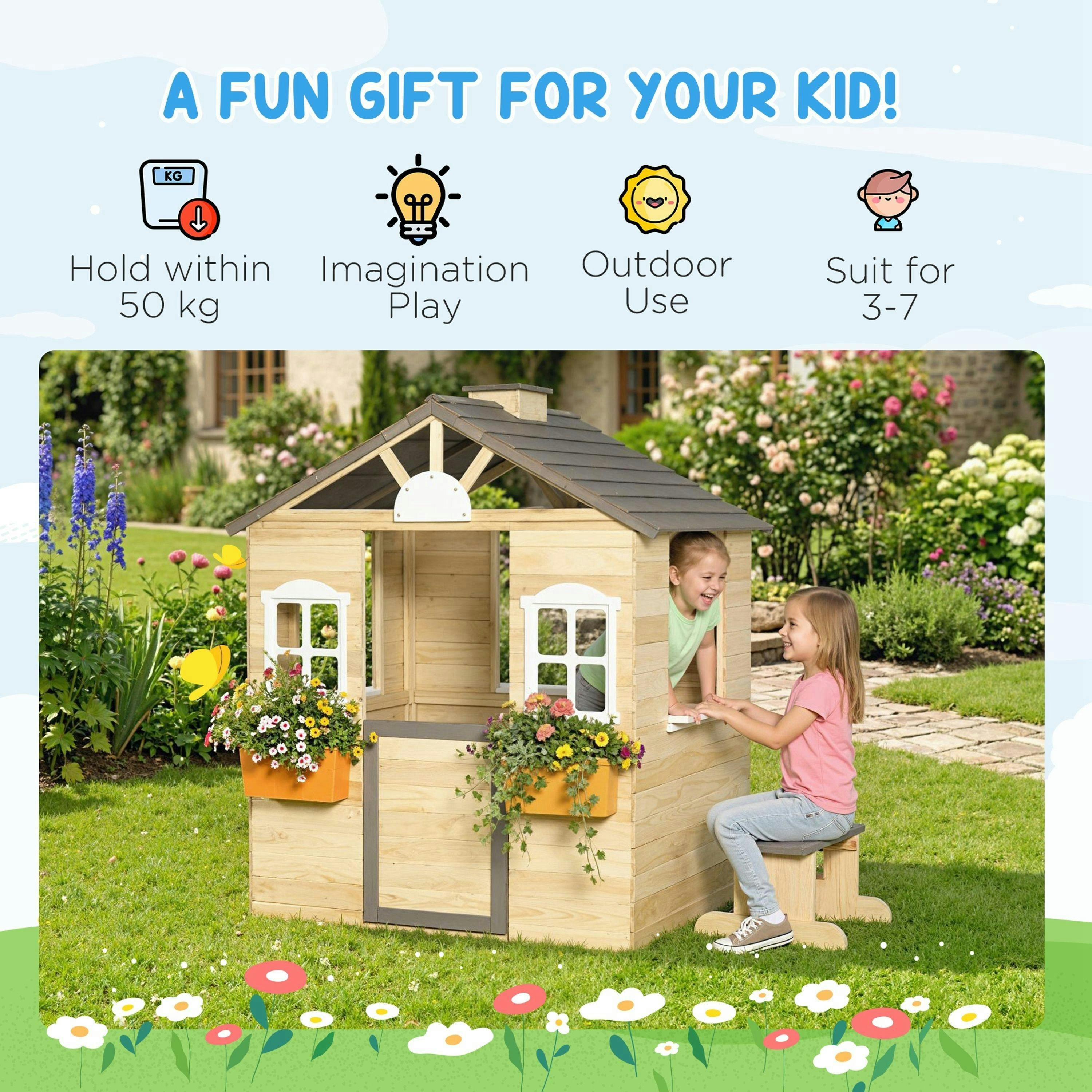 Outsunny Wooden Kids Playhouse w/ Door, Windows, Bench, For 3-7 Years , view 4 of 6
