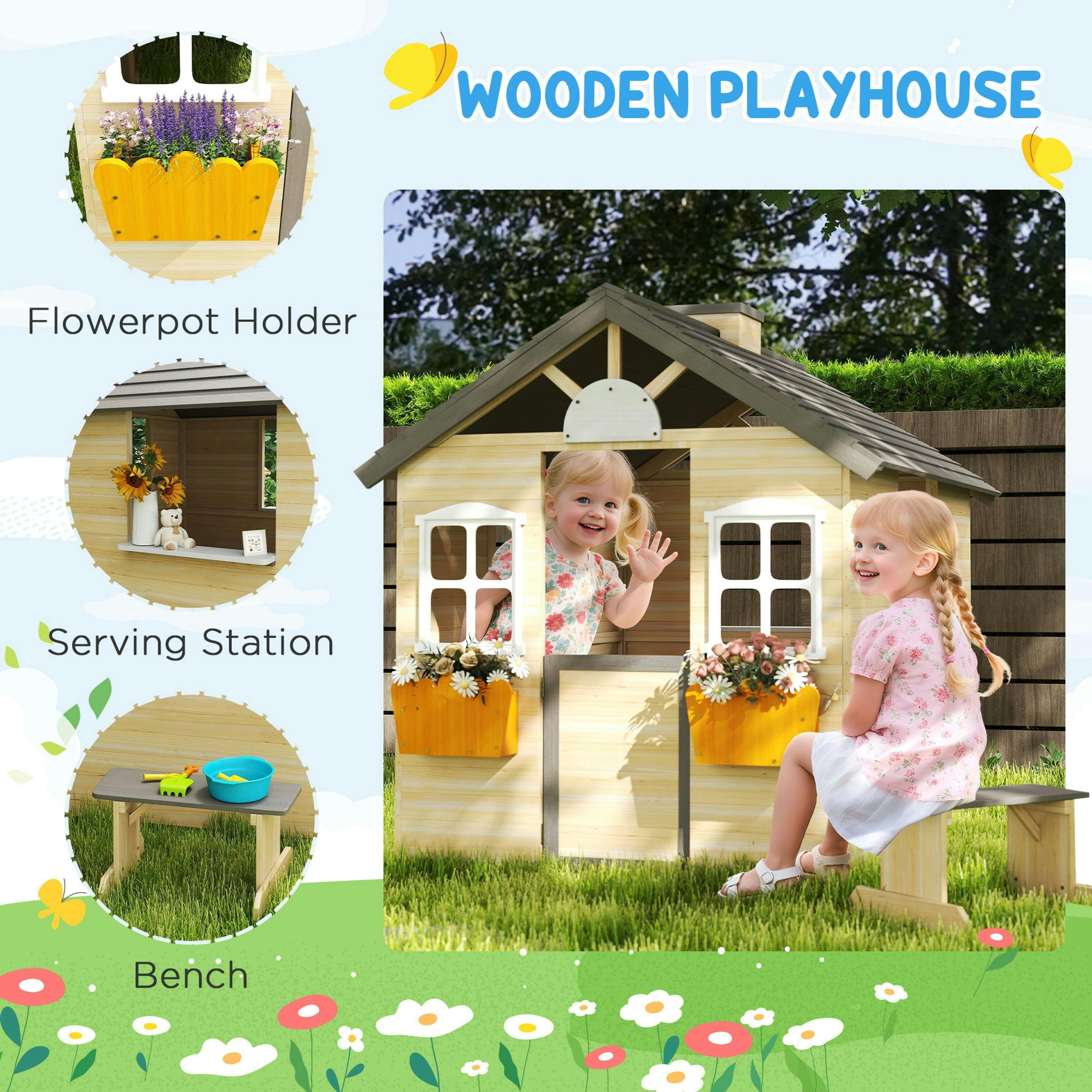 Outsunny Wooden Kids Playhouse w/ Door, Windows, Bench, For 3-7 Years , view 5 of 6