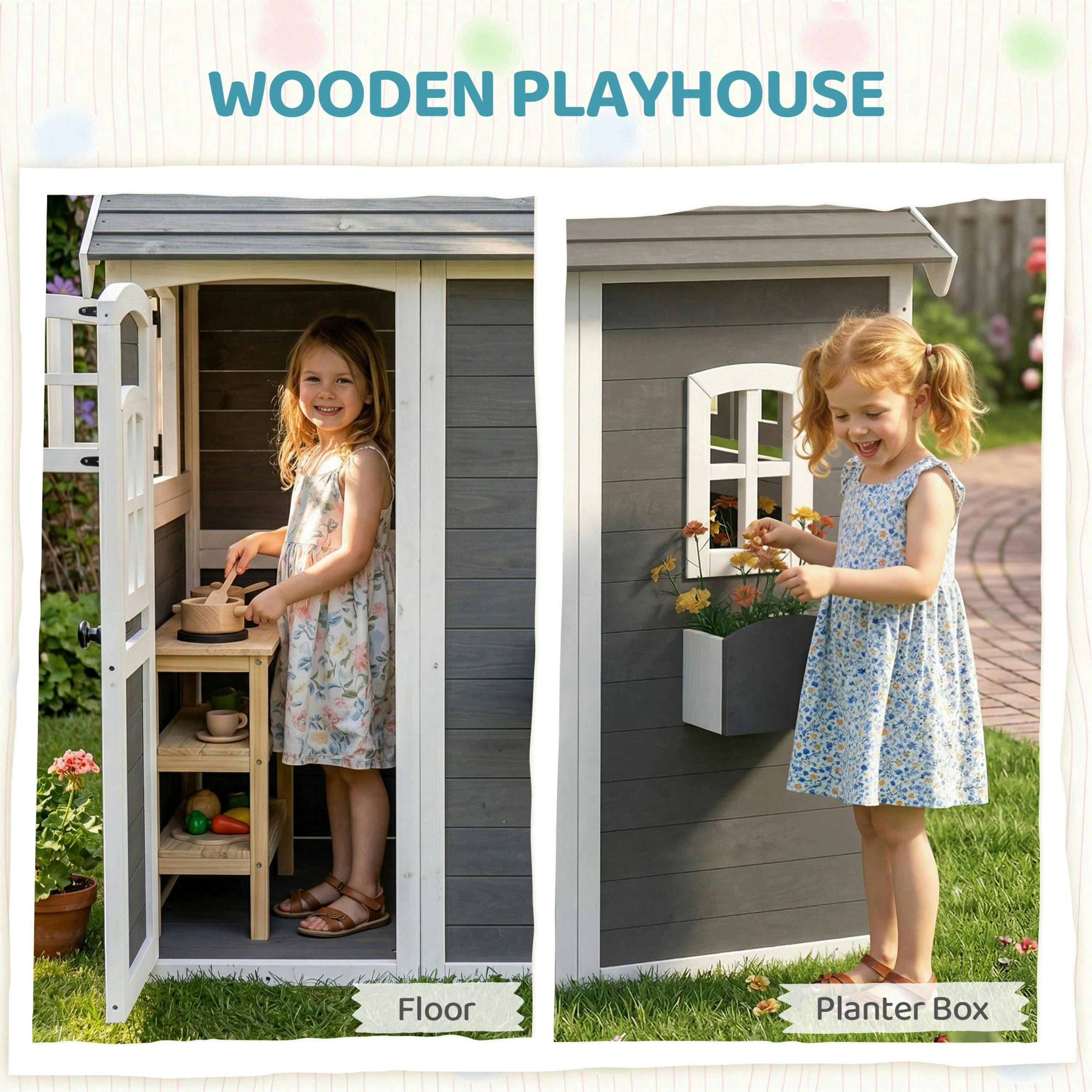 Outsunny Wooden Wendy House for Kids with Floor, for Gardens, Patios - Grey , view 4 of 6