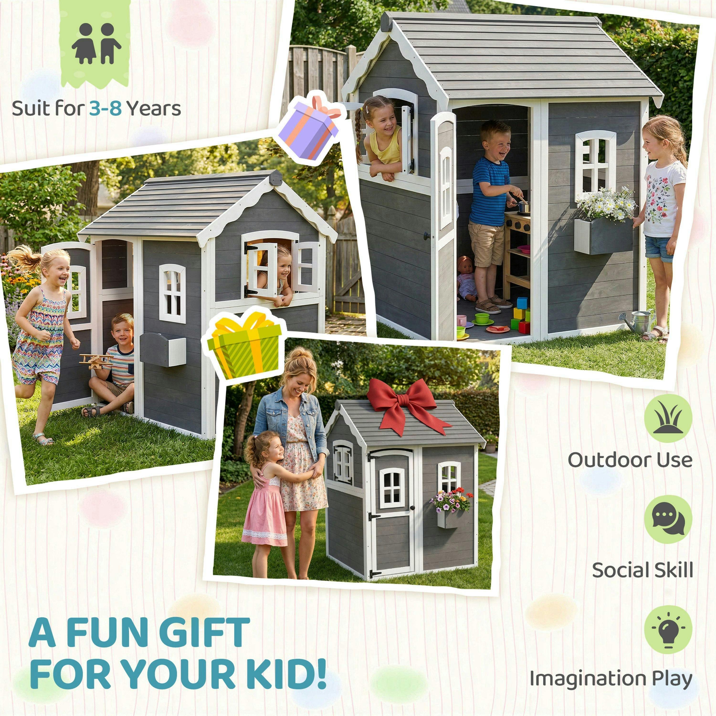 Outsunny Wooden Wendy House for Kids with Floor, for Gardens, Patios - Grey , view 6 of 6