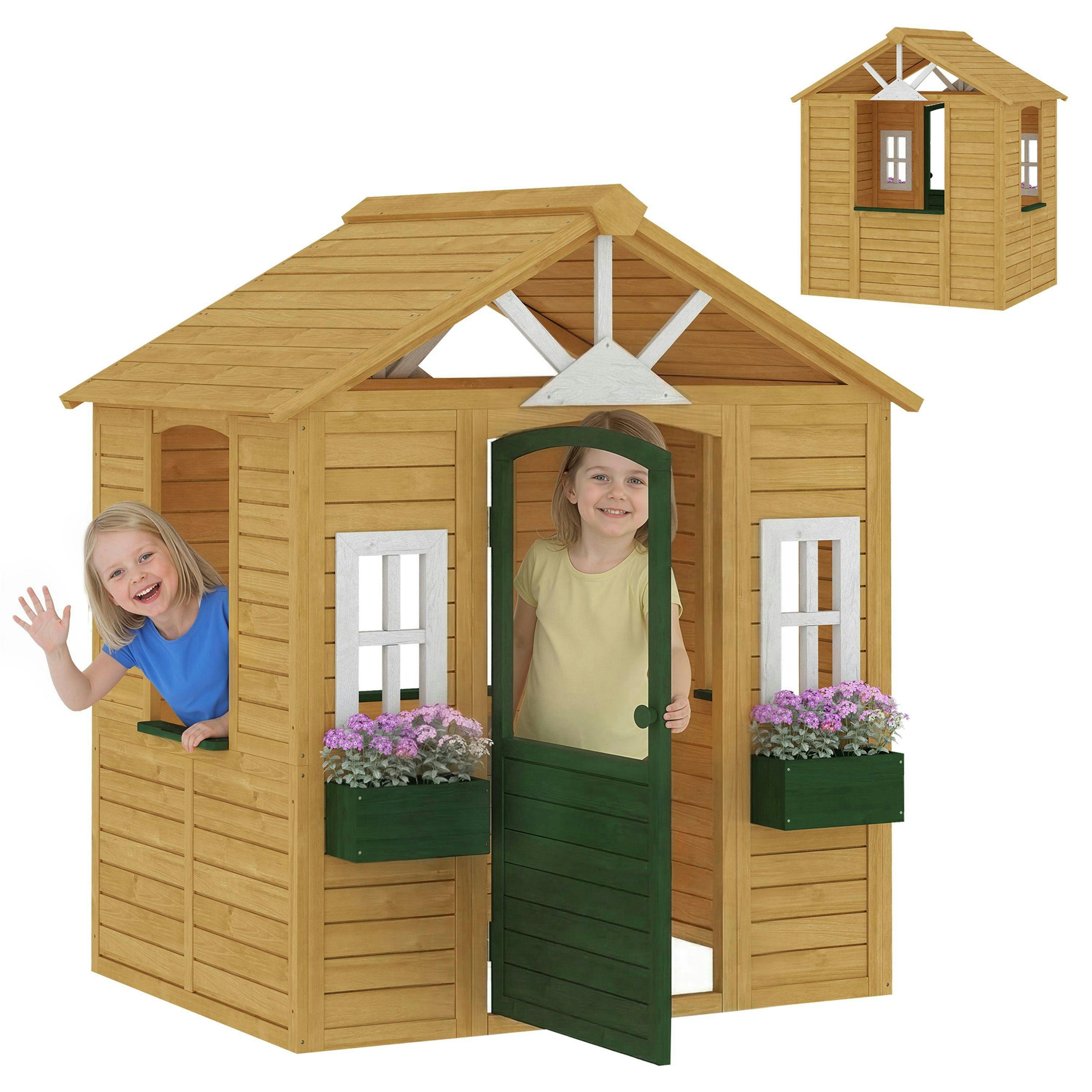AIYAPLAY Outdoor Playhouse, Wooden Wendy House with Door, 2 Flower Boxes , view 2 of 6