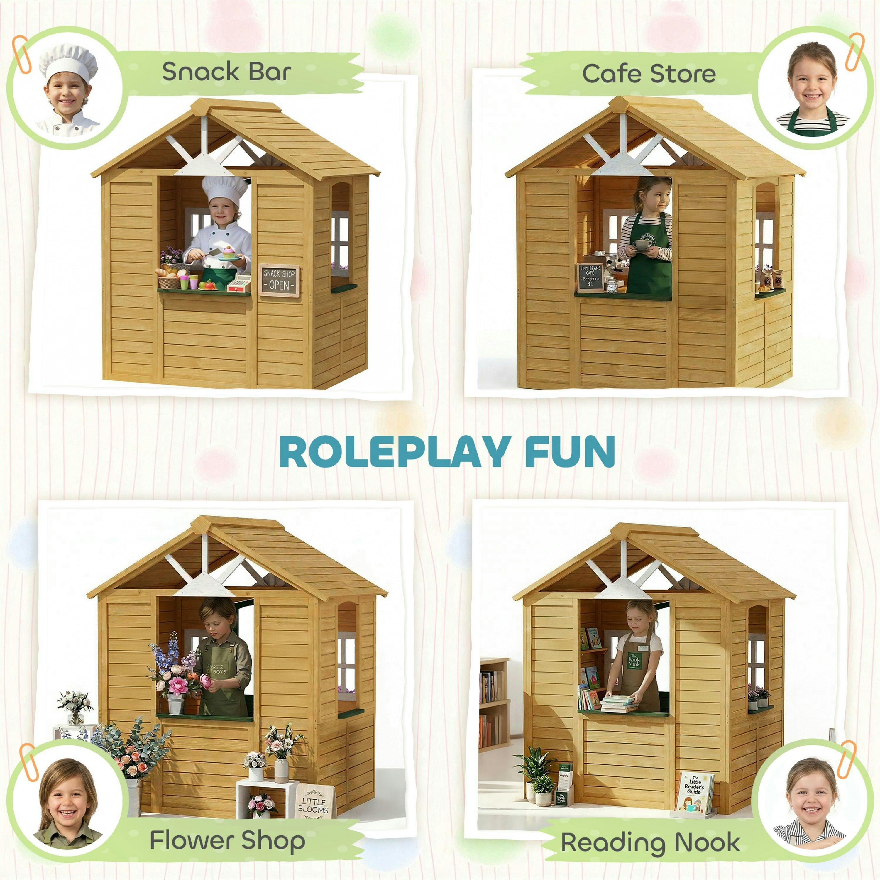 AIYAPLAY Outdoor Playhouse, Wooden Wendy House with Door, 2 Flower Boxes , view 6 of 6