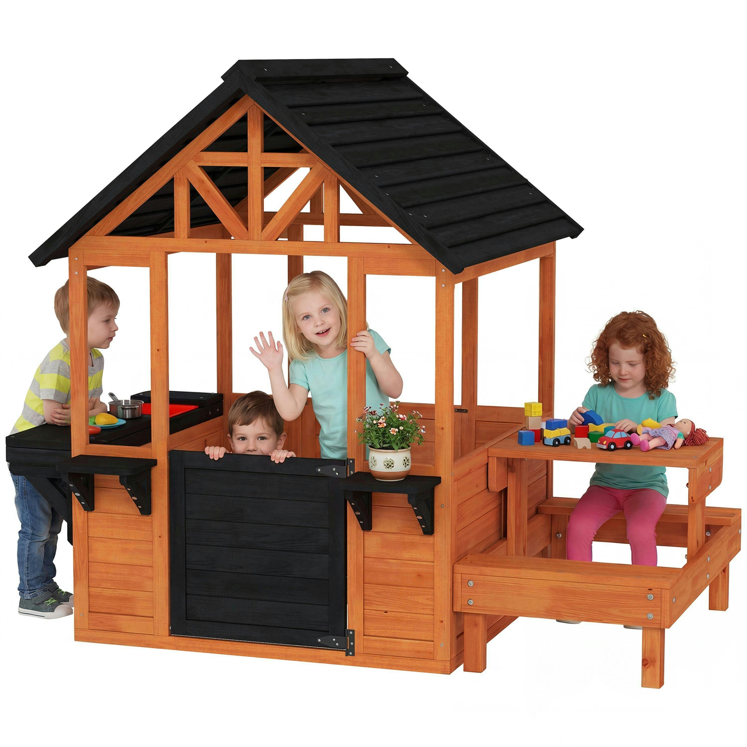 AIYAPLAY Wooden Playhouse for Kids with Table and Benches for Age 3-8, Brown , view 2 of 6