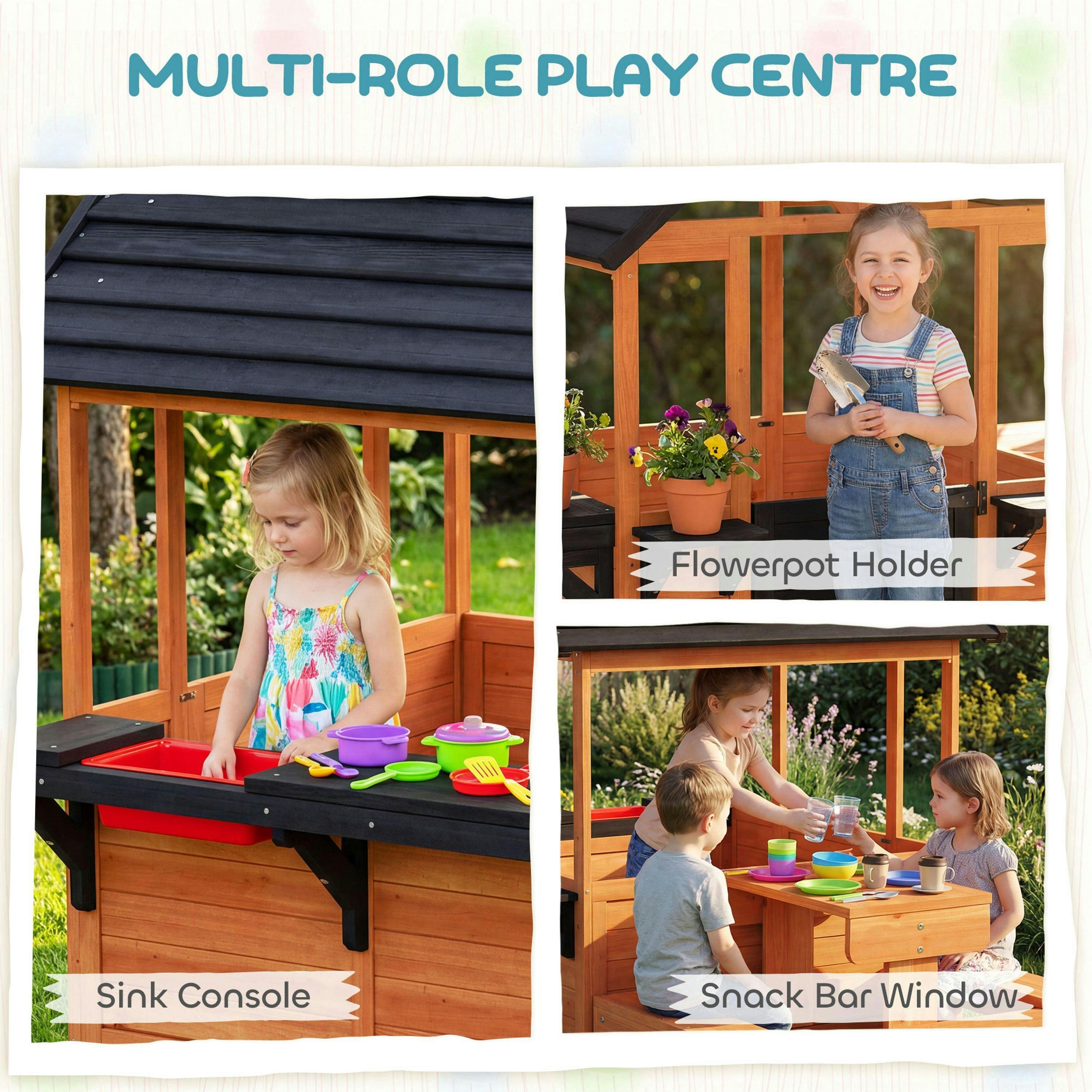 AIYAPLAY Wooden Playhouse for Kids with Table and Benches for Age 3-8, Brown , view 4 of 6