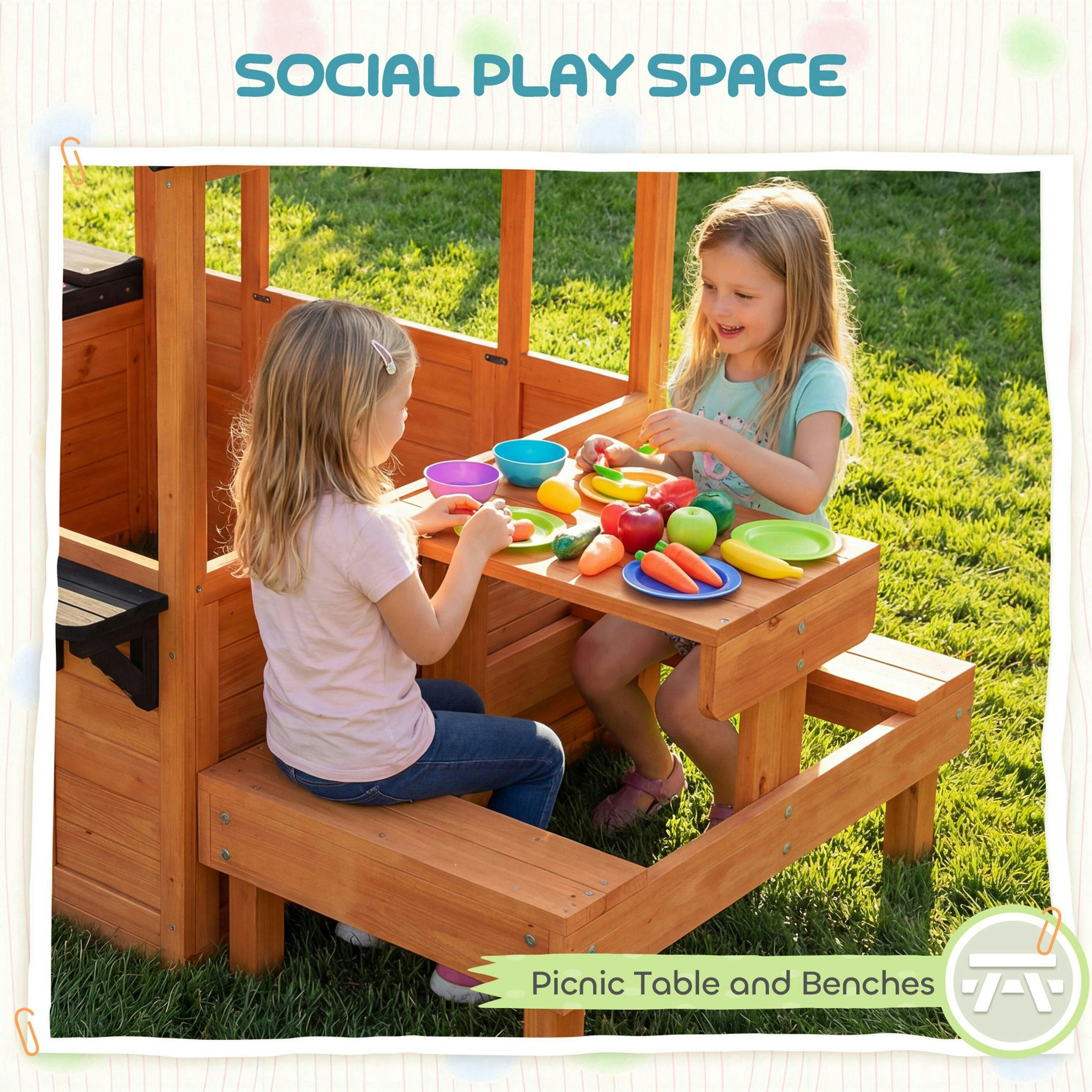 AIYAPLAY Wooden Playhouse for Kids with Table and Benches for Age 3-8, Brown , view 5 of 6