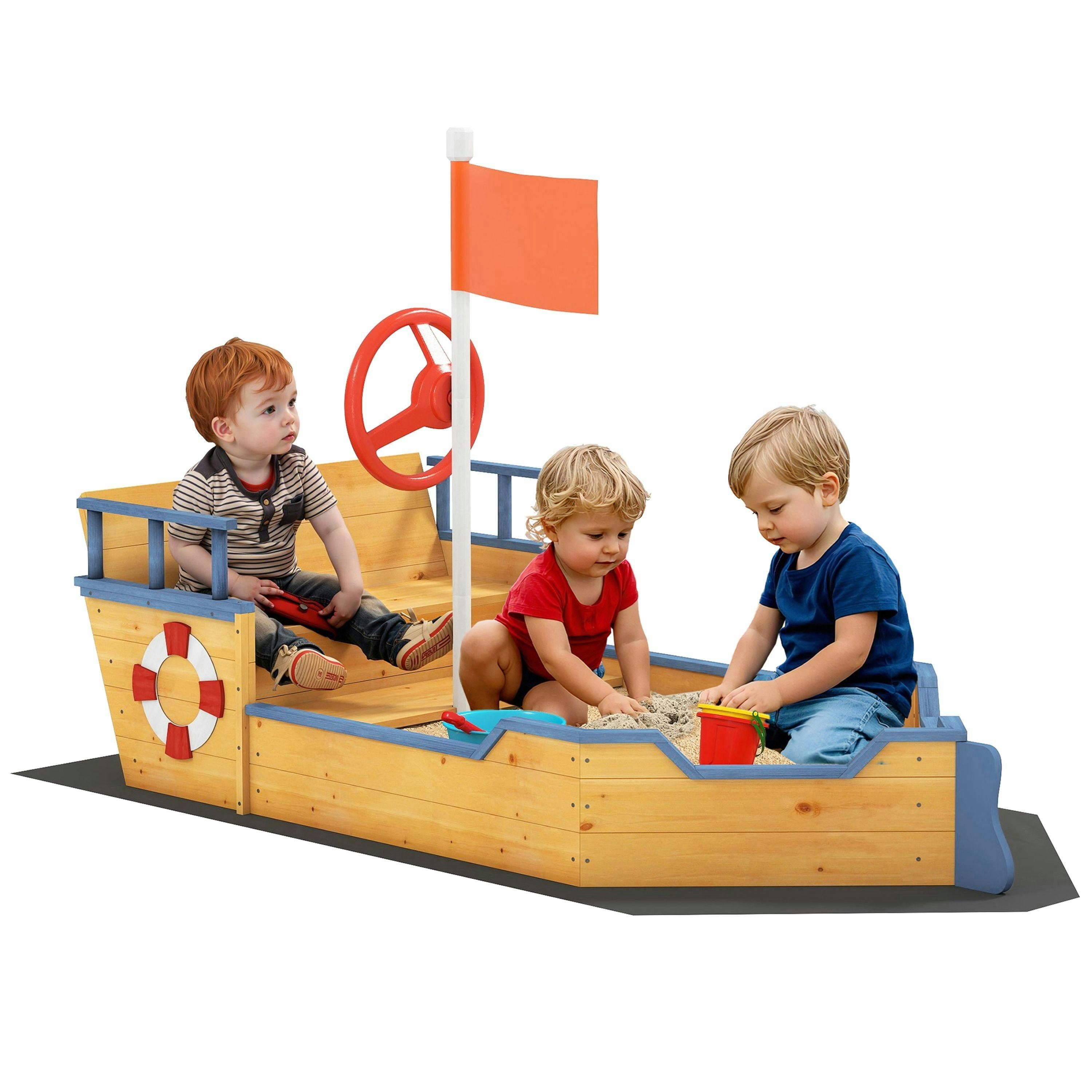 Outsunny Kids Wooden Sandbox, Pirate Ship Sand Pit w/ Bench, Storage Space , view 2 of 6