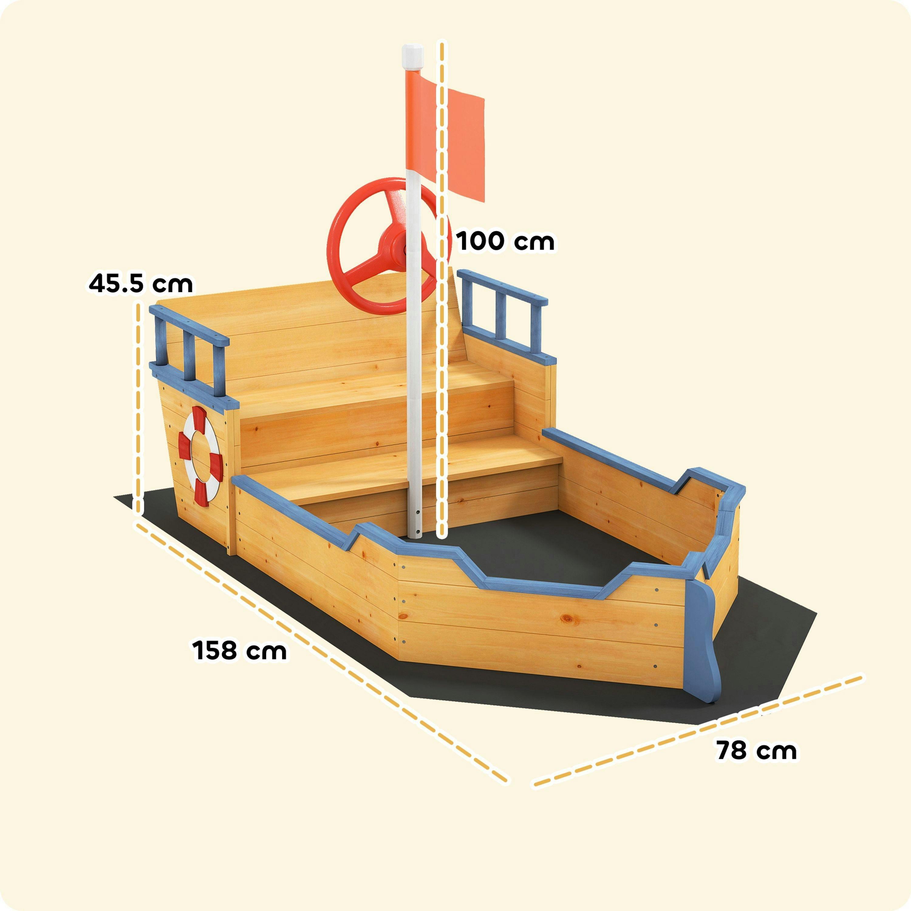Outsunny Kids Wooden Sandbox, Pirate Ship Sand Pit w/ Bench, Storage Space , view 3 of 6