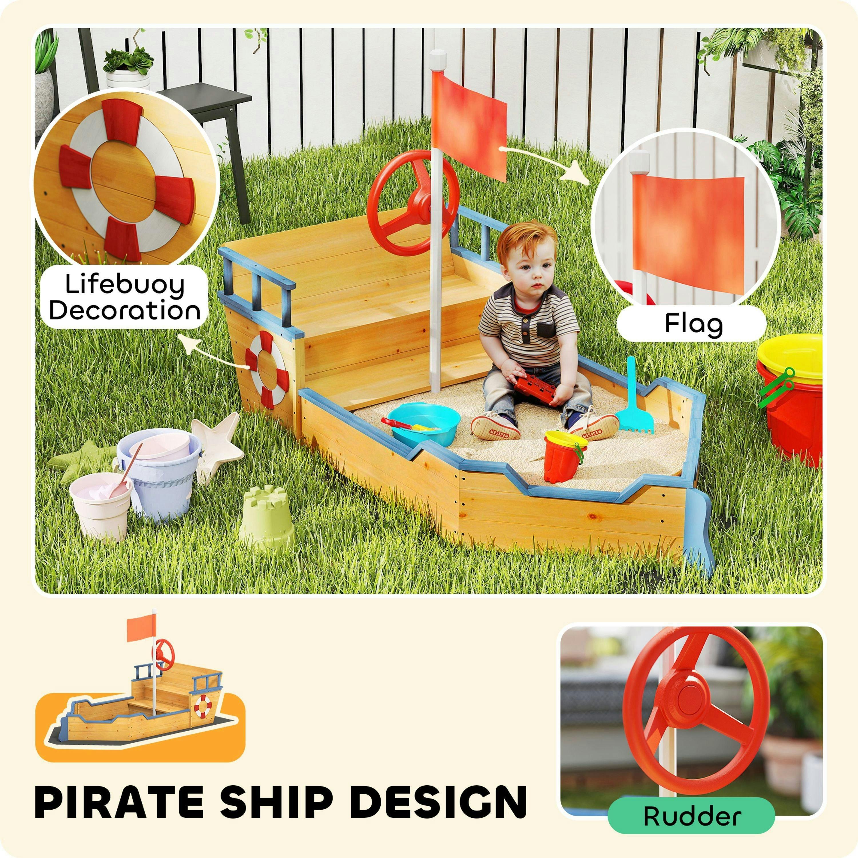Outsunny Kids Wooden Sandbox, Pirate Ship Sand Pit w/ Bench, Storage Space , view 4 of 6