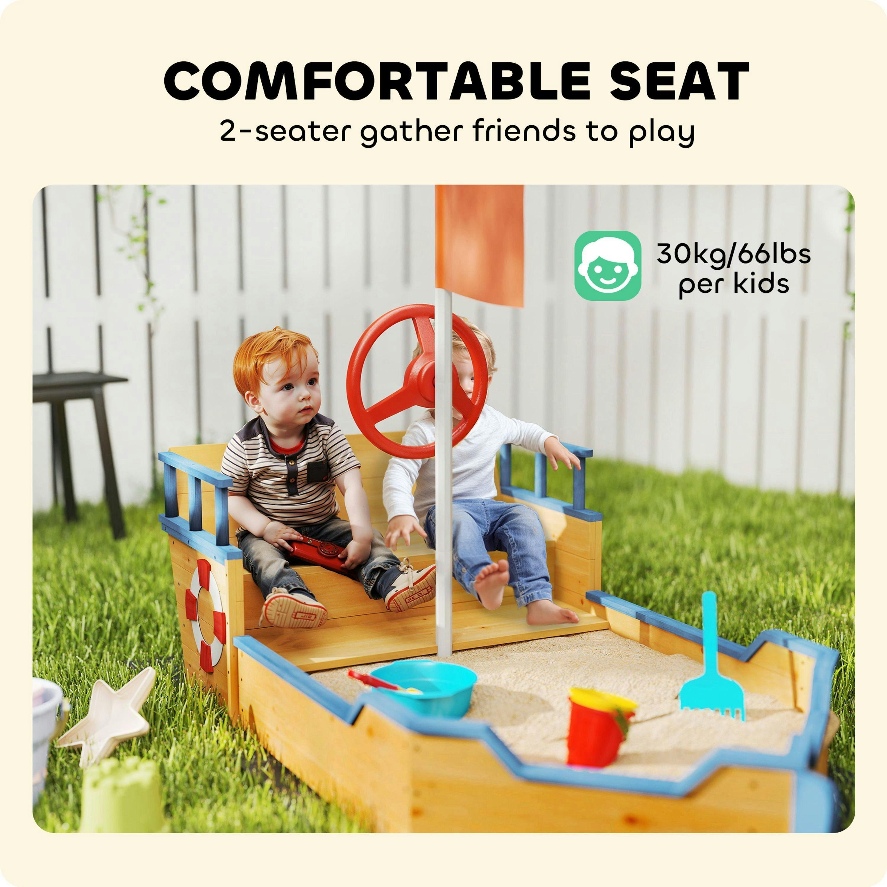Outsunny Kids Wooden Sandbox, Pirate Ship Sand Pit w/ Bench, Storage Space , view 5 of 6
