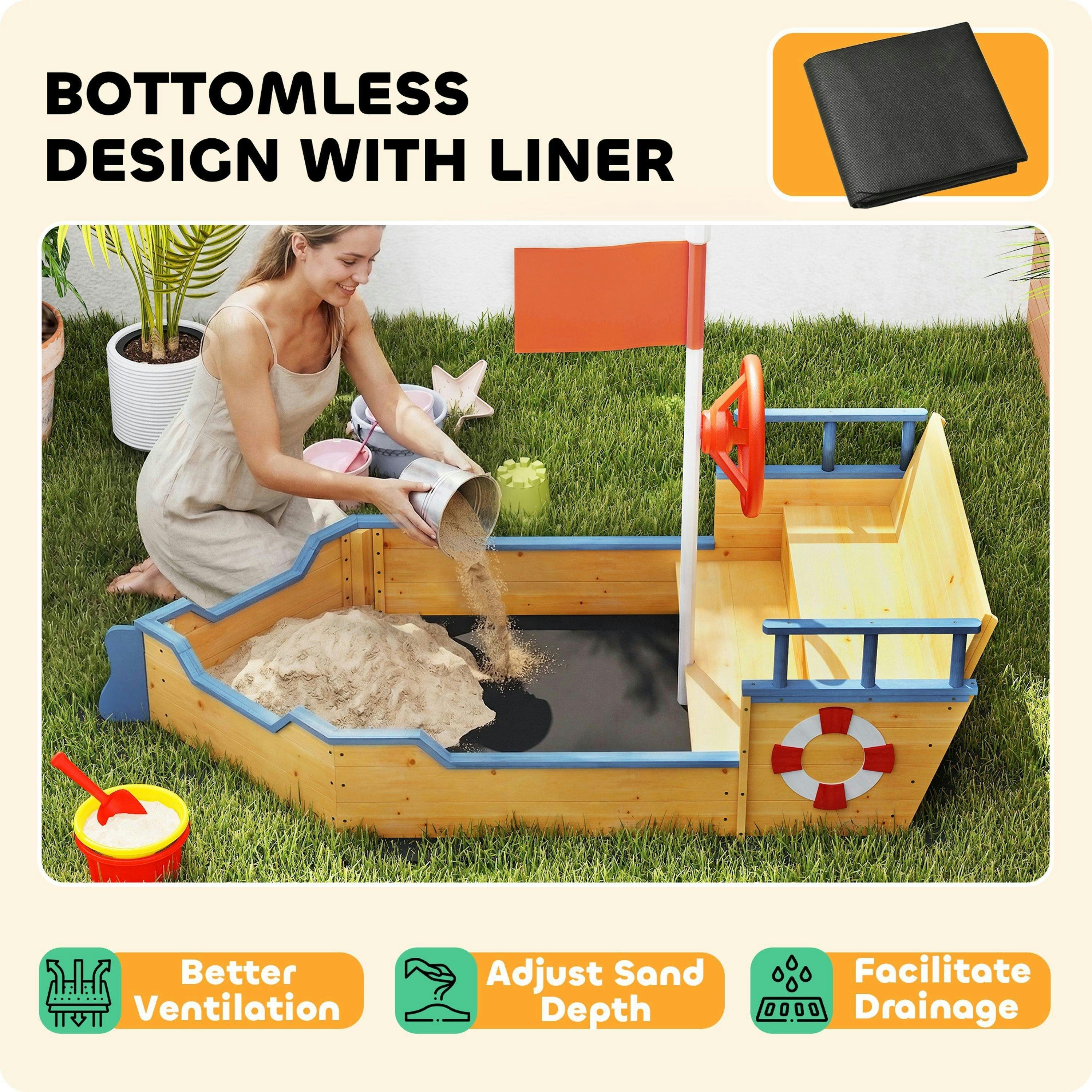 Outsunny Kids Wooden Sandbox, Pirate Ship Sand Pit w/ Bench, Storage Space , view 6 of 6