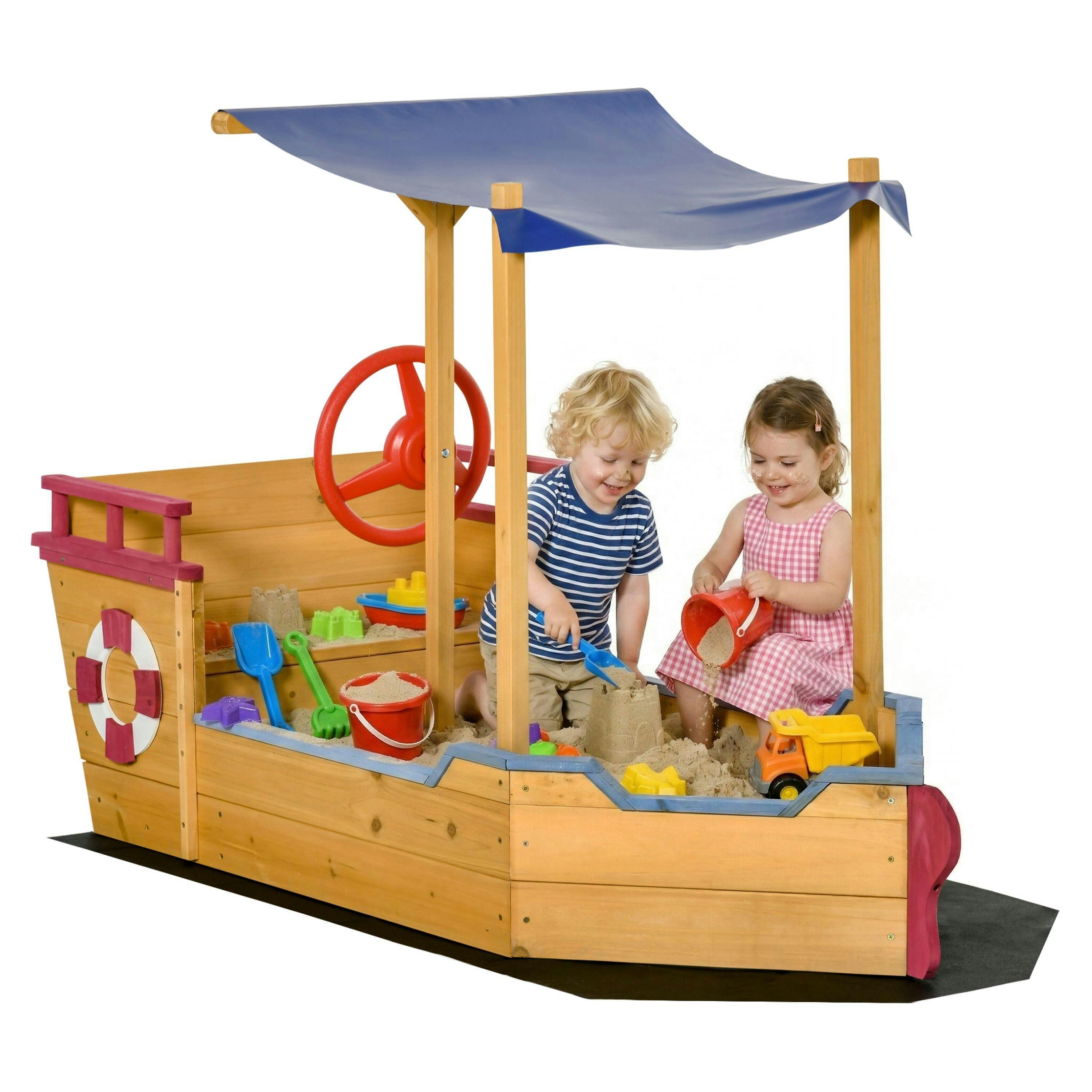 Outsunny Kids Wooden Sand Pit Sandbox Pirate Sandboat Outdoor w/ Canopy Shade , view 2 of 6
