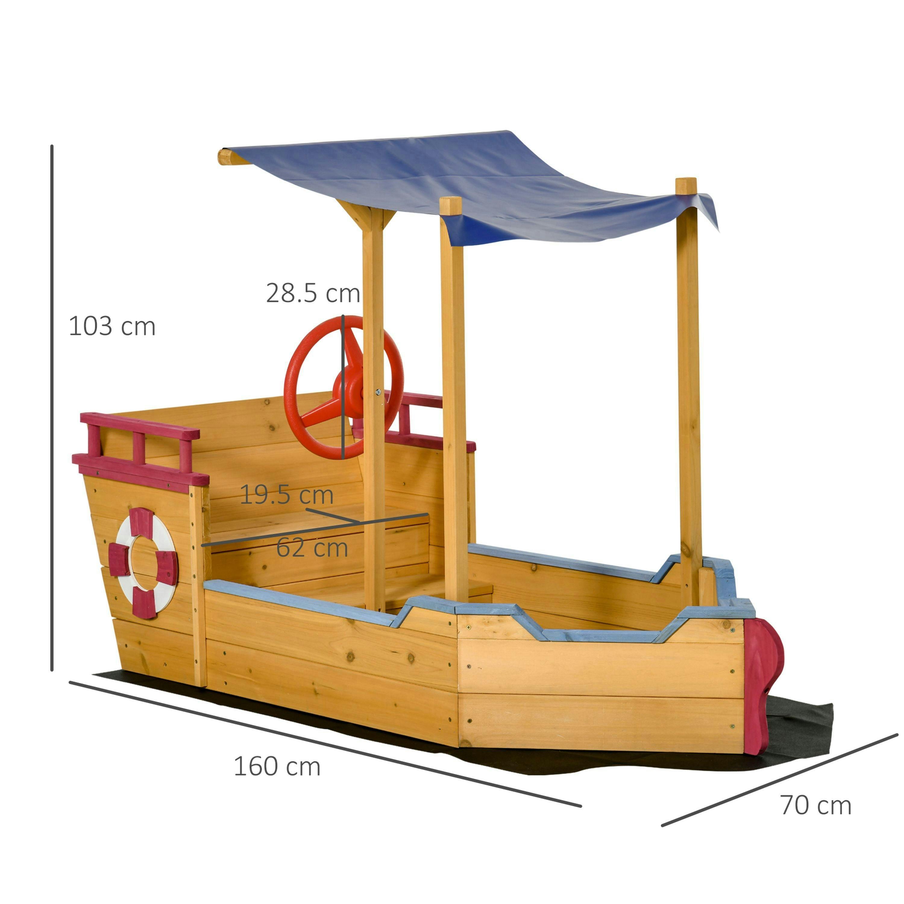 Outsunny Kids Wooden Sand Pit Sandbox Pirate Sandboat Outdoor w/ Canopy Shade , view 3 of 6