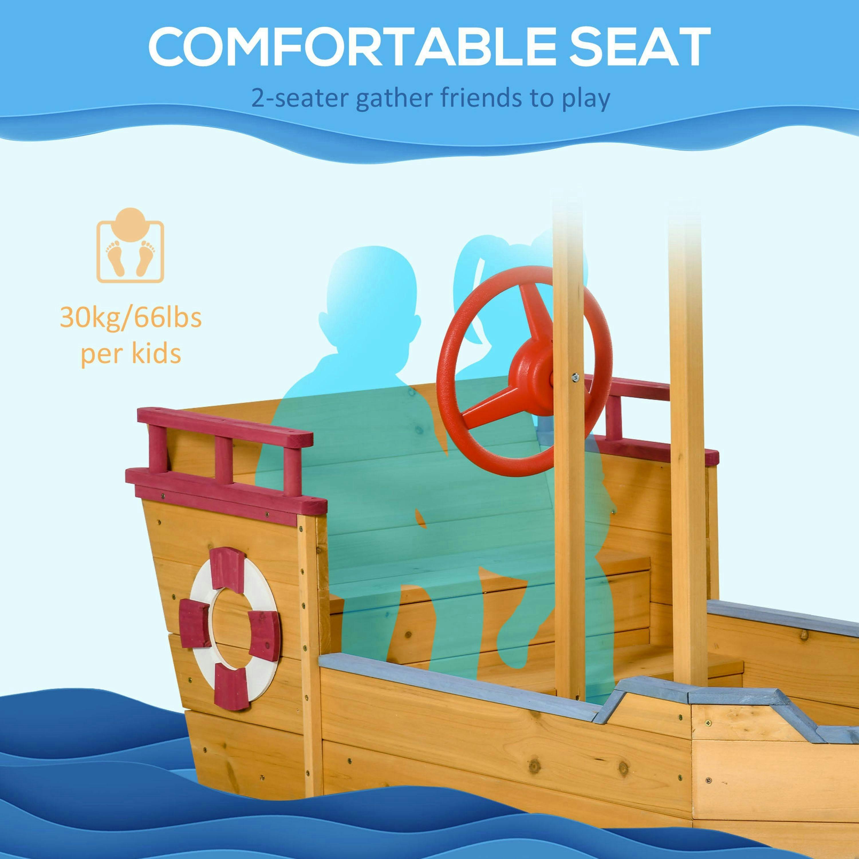 Outsunny Kids Wooden Sand Pit Sandbox Pirate Sandboat Outdoor w/ Canopy Shade , view 4 of 6
