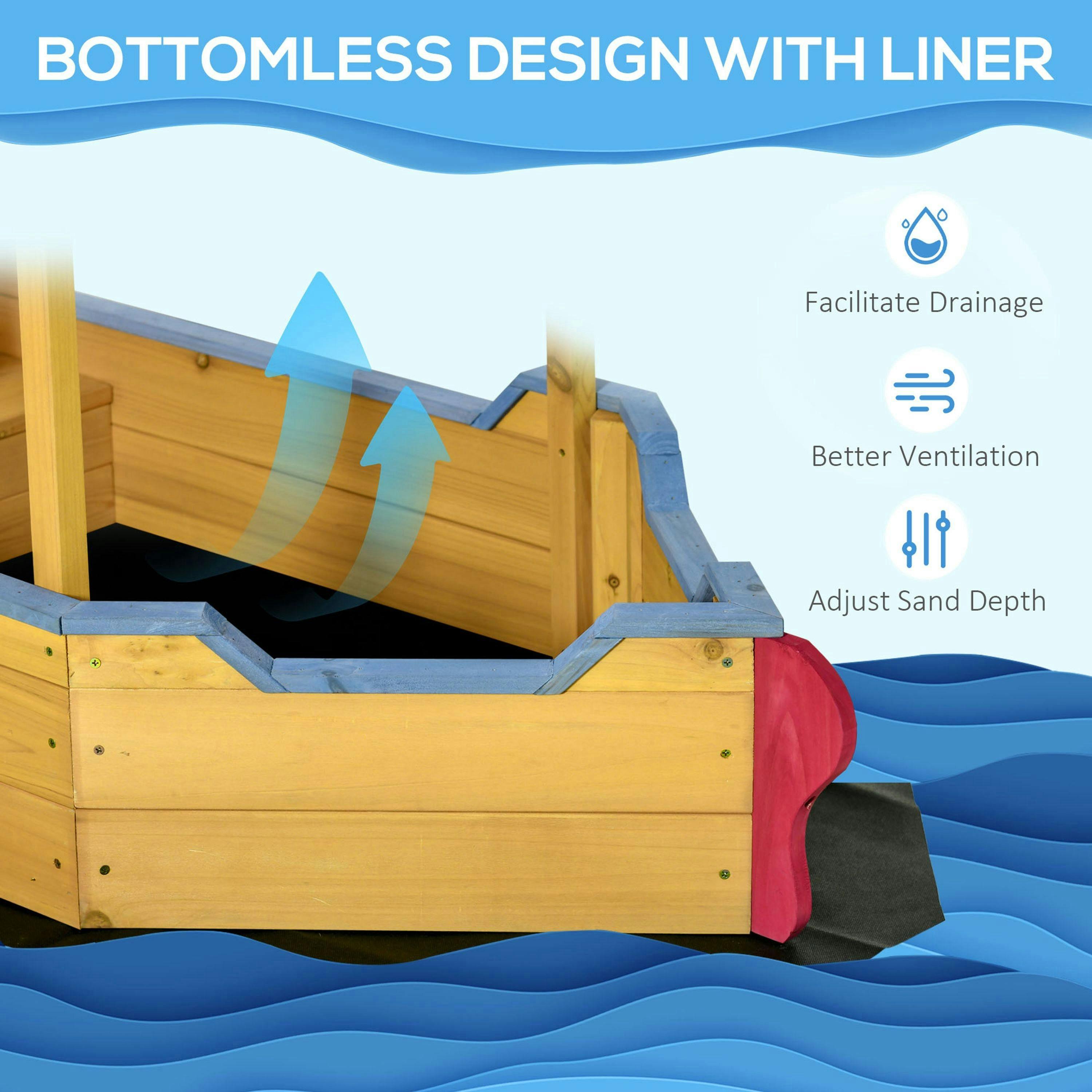 Outsunny Kids Wooden Sand Pit Sandbox Pirate Sandboat Outdoor w/ Canopy Shade , view 5 of 6