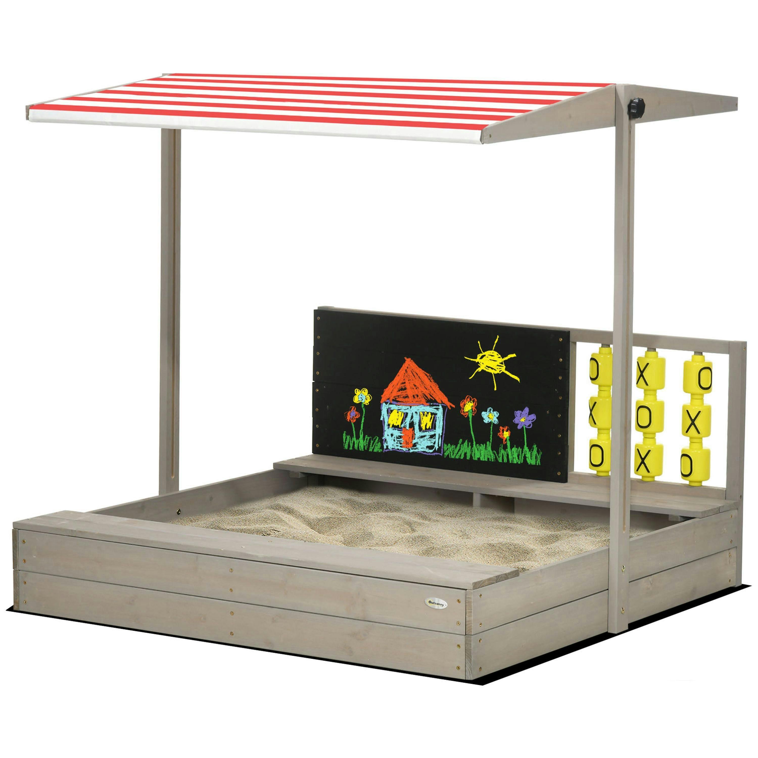Outsunny Kids Wooden Sandpit, Sandbox w/ Canopy, Seats, for Gardens - Grey , view 2 of 6