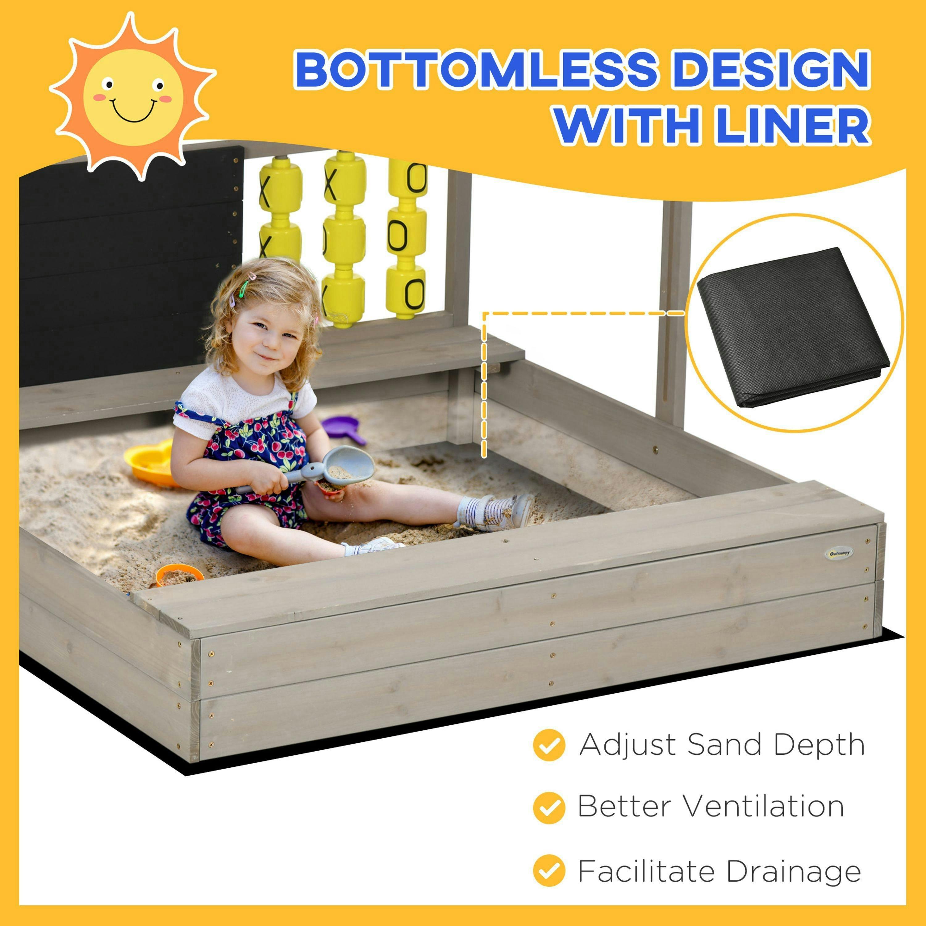 Outsunny Kids Wooden Sandpit, Sandbox w/ Canopy, Seats, for Gardens - Grey , view 4 of 6