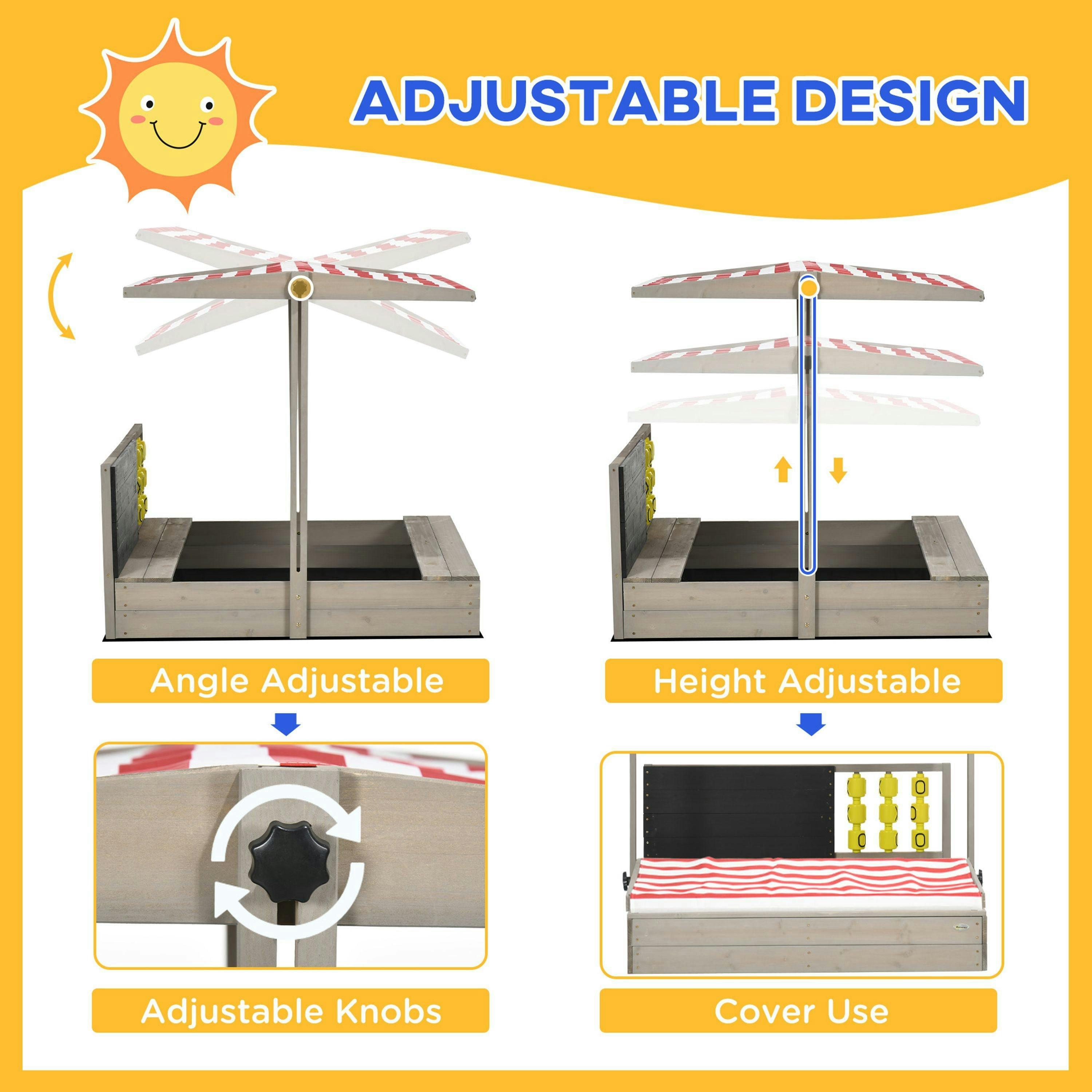 Outsunny Kids Wooden Sandpit, Sandbox w/ Canopy, Seats, for Gardens - Grey , view 5 of 6