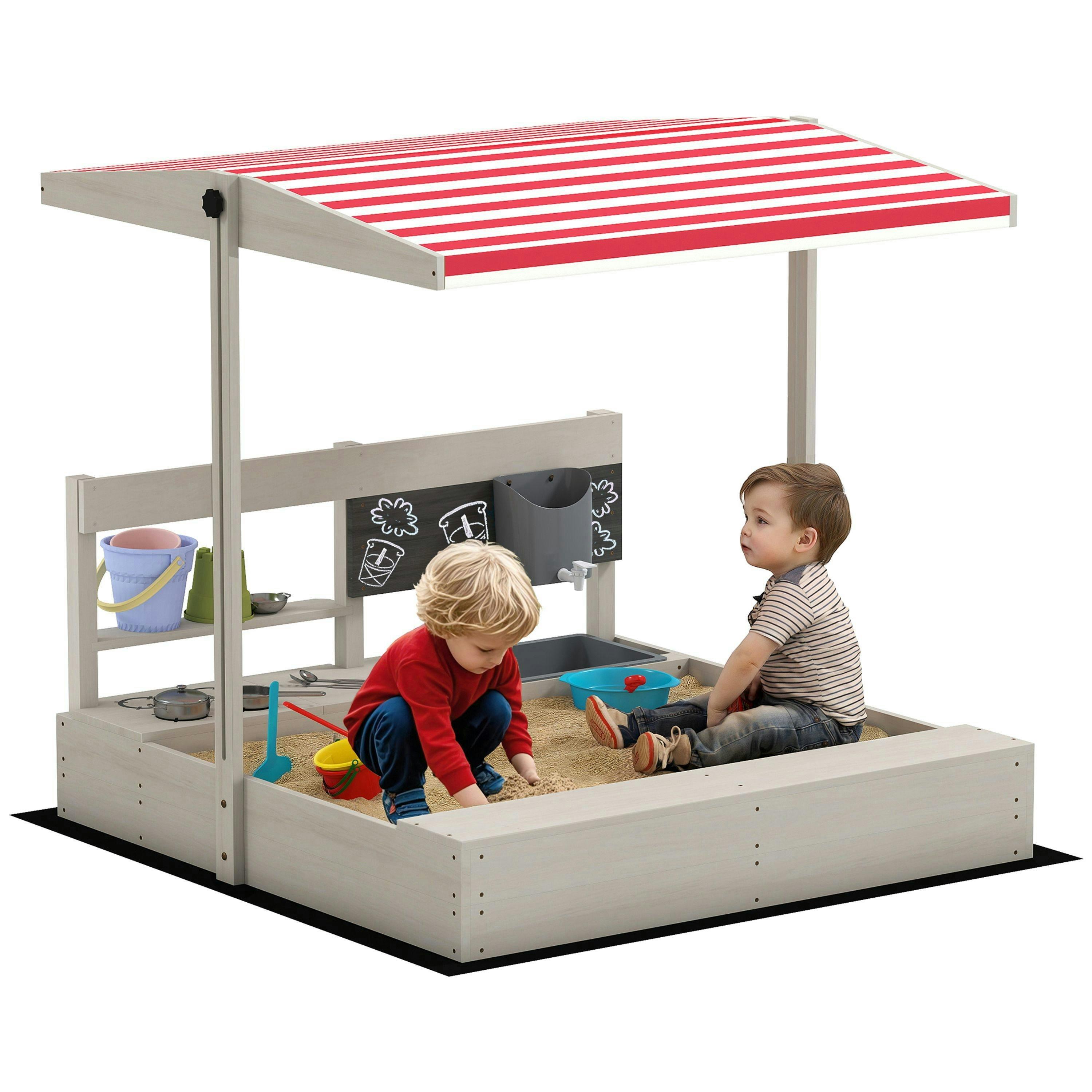 Outsunny Kids Wooden Sandbox w/ Canopy, Kitchen Toys, Seat, Storage, for Outdoor , view 2 of 6
