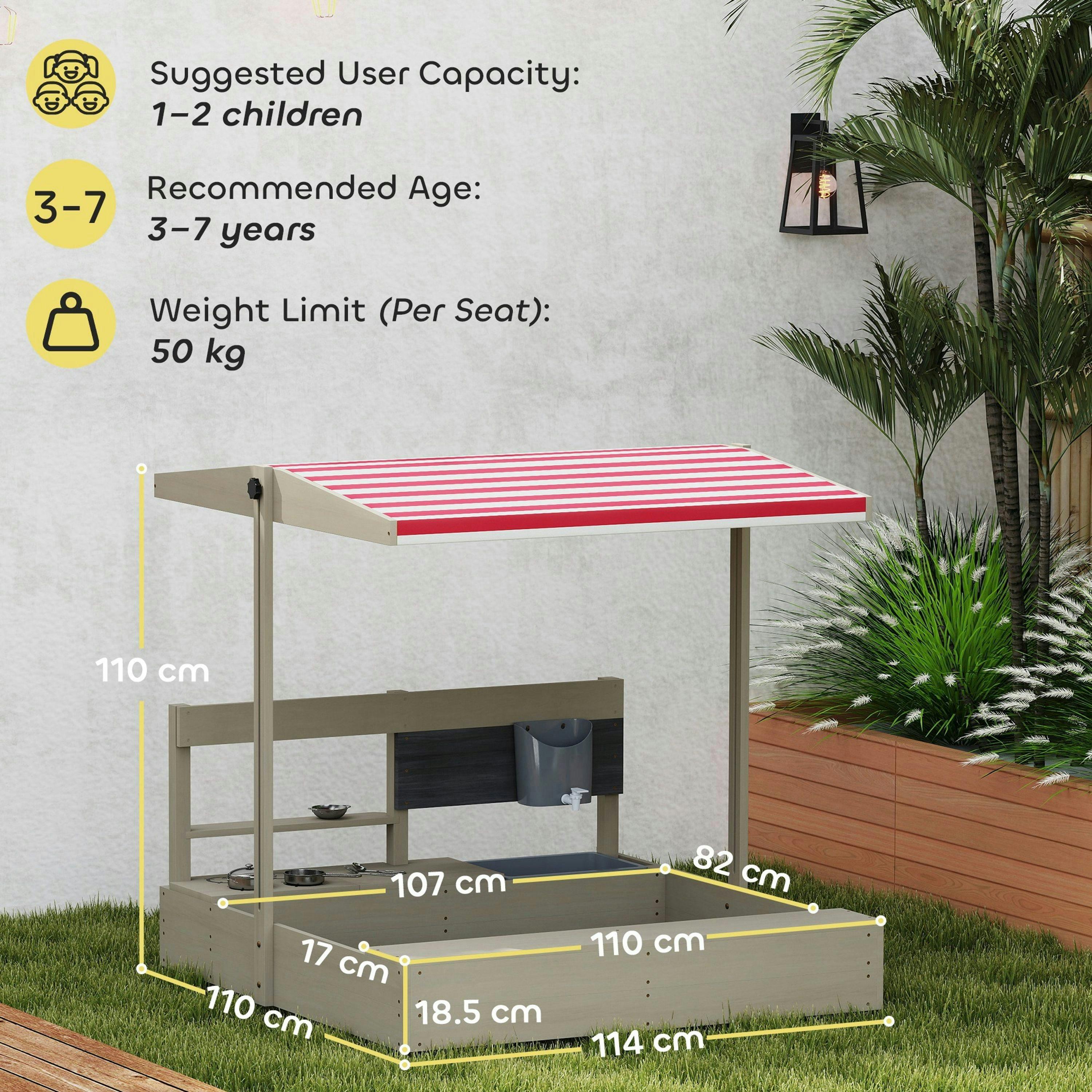 Outsunny Kids Wooden Sandbox w/ Canopy, Kitchen Toys, Seat, Storage, for Outdoor , view 3 of 6