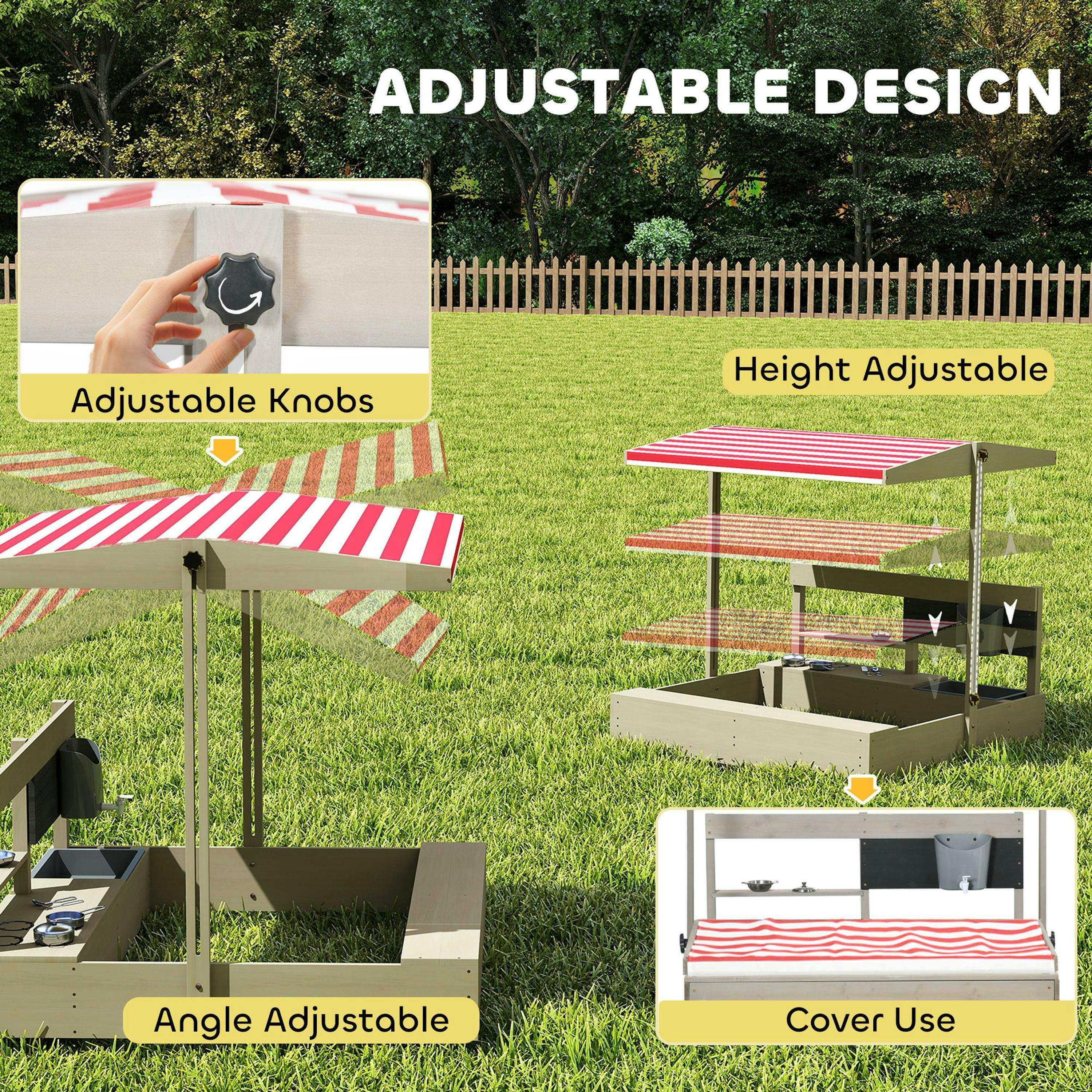 Outsunny Kids Wooden Sandbox w/ Canopy, Kitchen Toys, Seat, Storage, for Outdoor , view 4 of 6