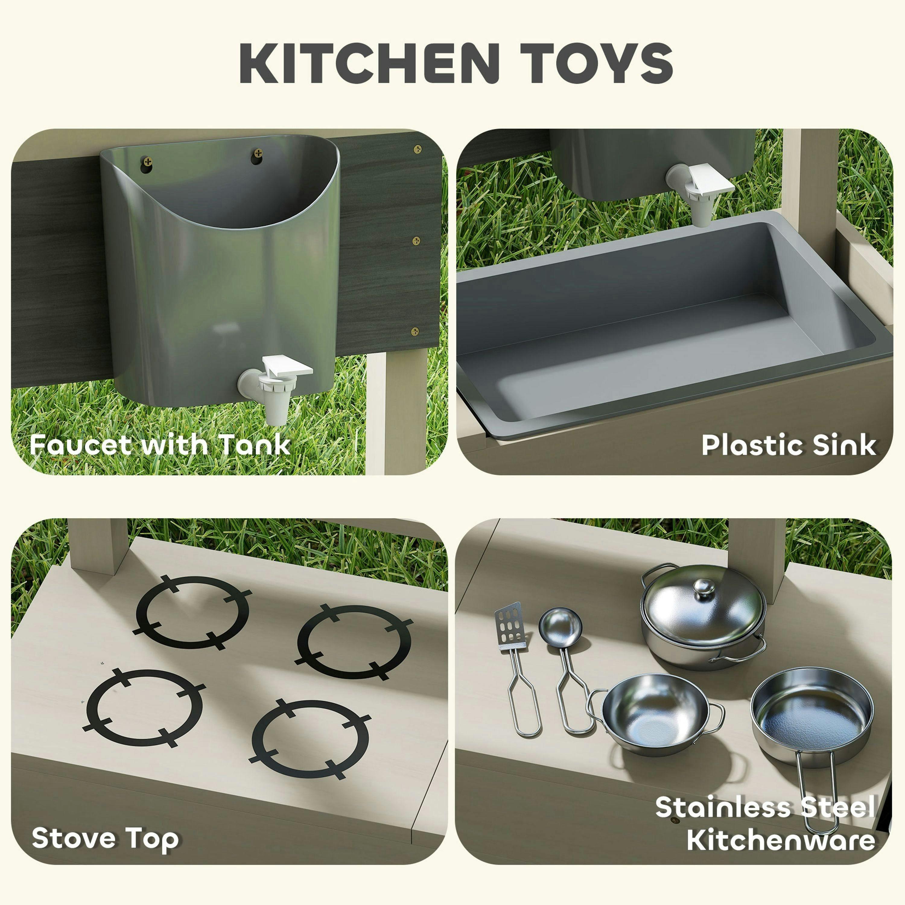 Outsunny Kids Wooden Sandbox w/ Canopy, Kitchen Toys, Seat, Storage, for Outdoor , view 5 of 6