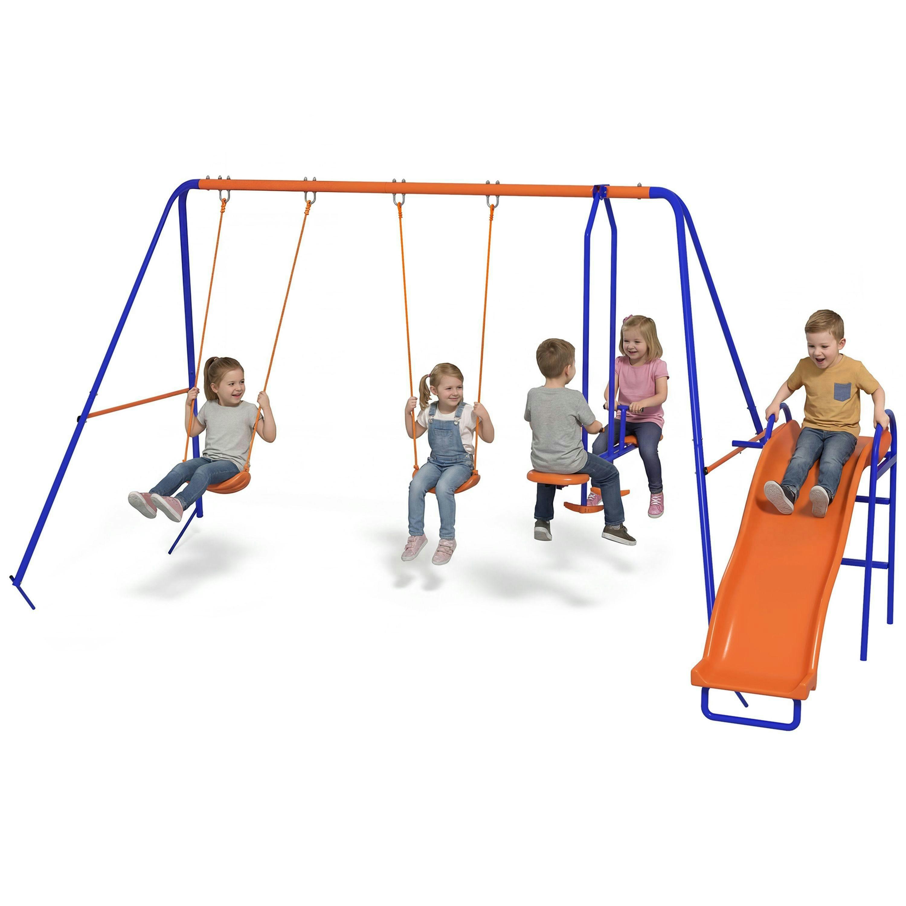 Outsunny 4 in 1 Metal Kids Swing Set w/ Double Swings, Glider, Slide, Ladder , view 2 of 6