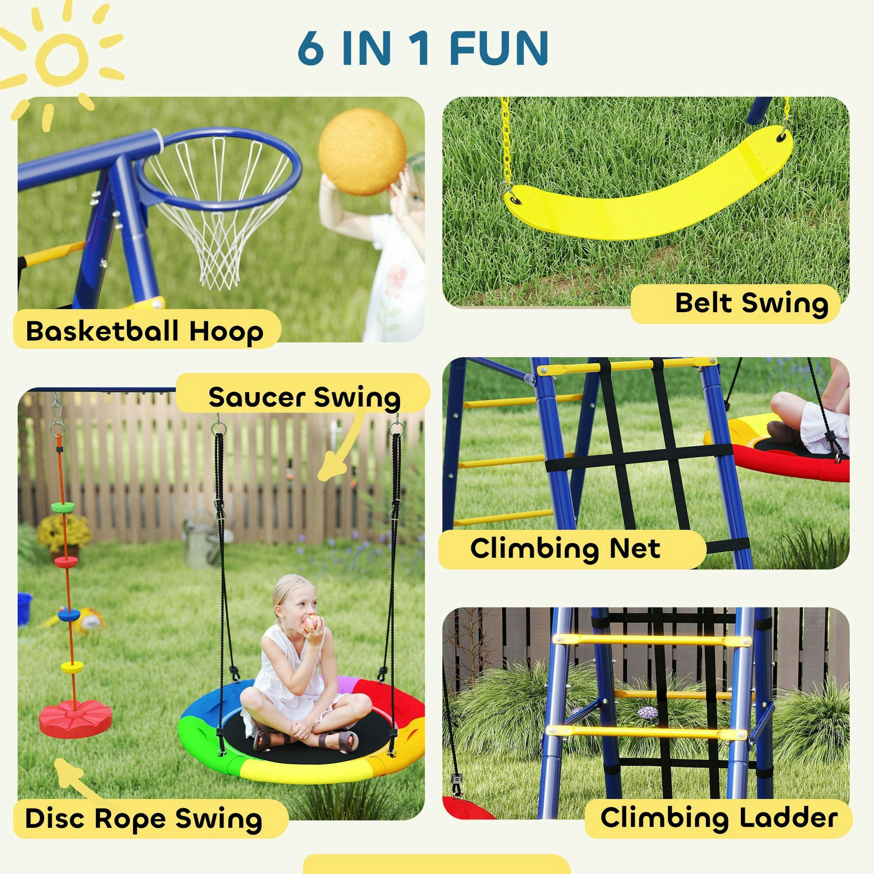 AIYAPLAY 6 in 1 Kids Swing Set with 3 Swings, Climbing Net and Ladder , view 4 of 6