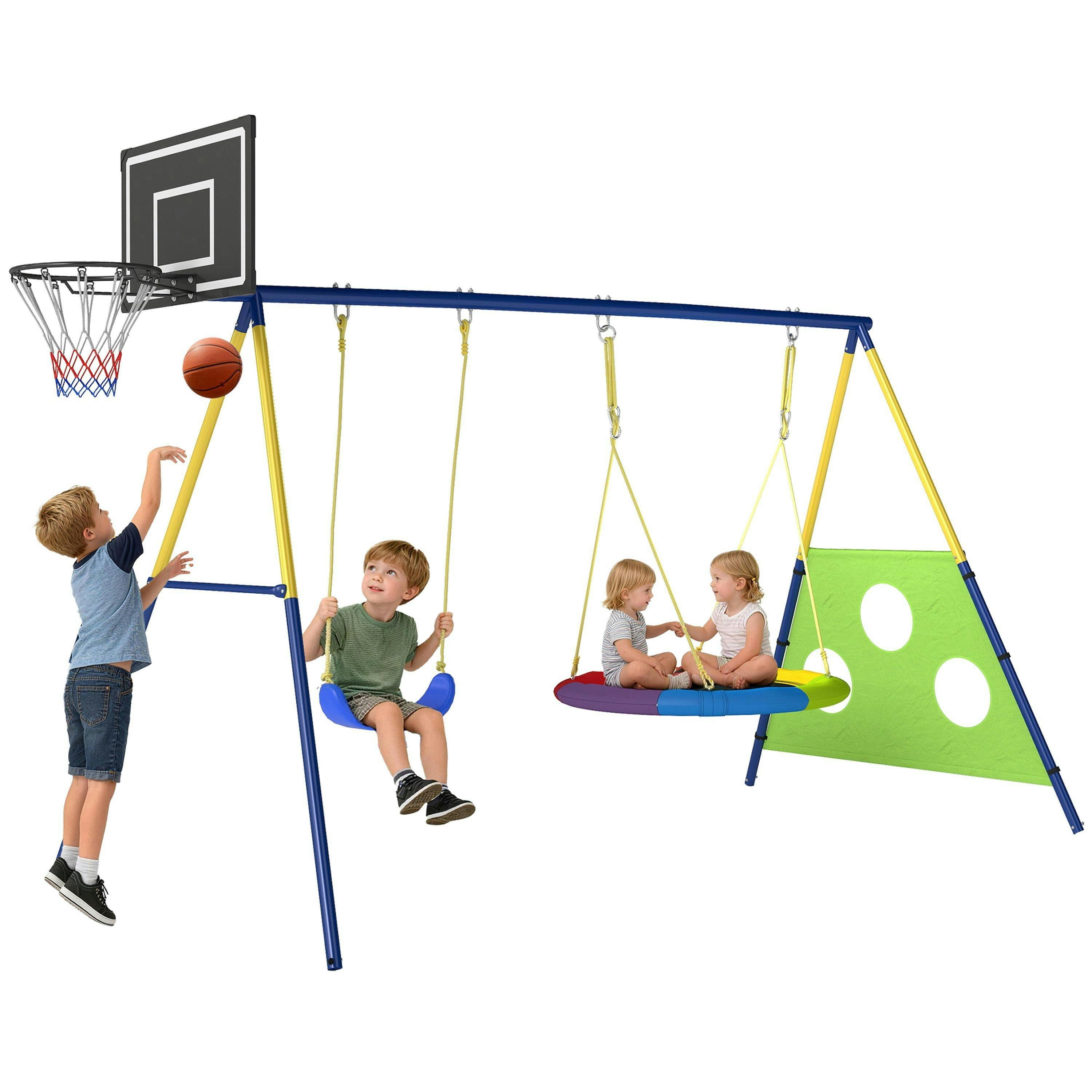 AIYAPLAY 4-in-1 Kids Swing Set with Swing, Basketball Hoop, Football Goal , view 2 of 6