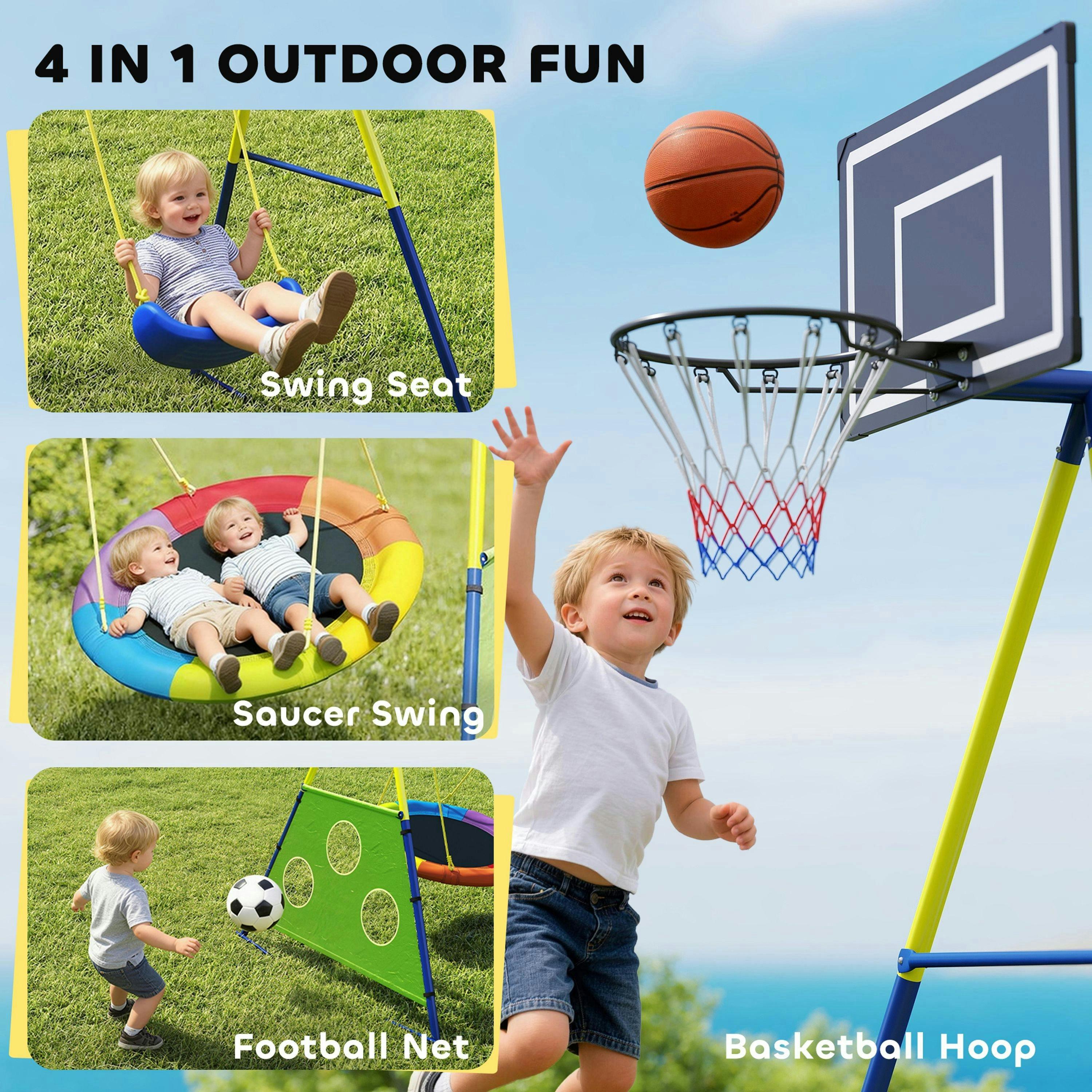 AIYAPLAY 4-in-1 Kids Swing Set with Swing, Basketball Hoop, Football Goal , view 4 of 6