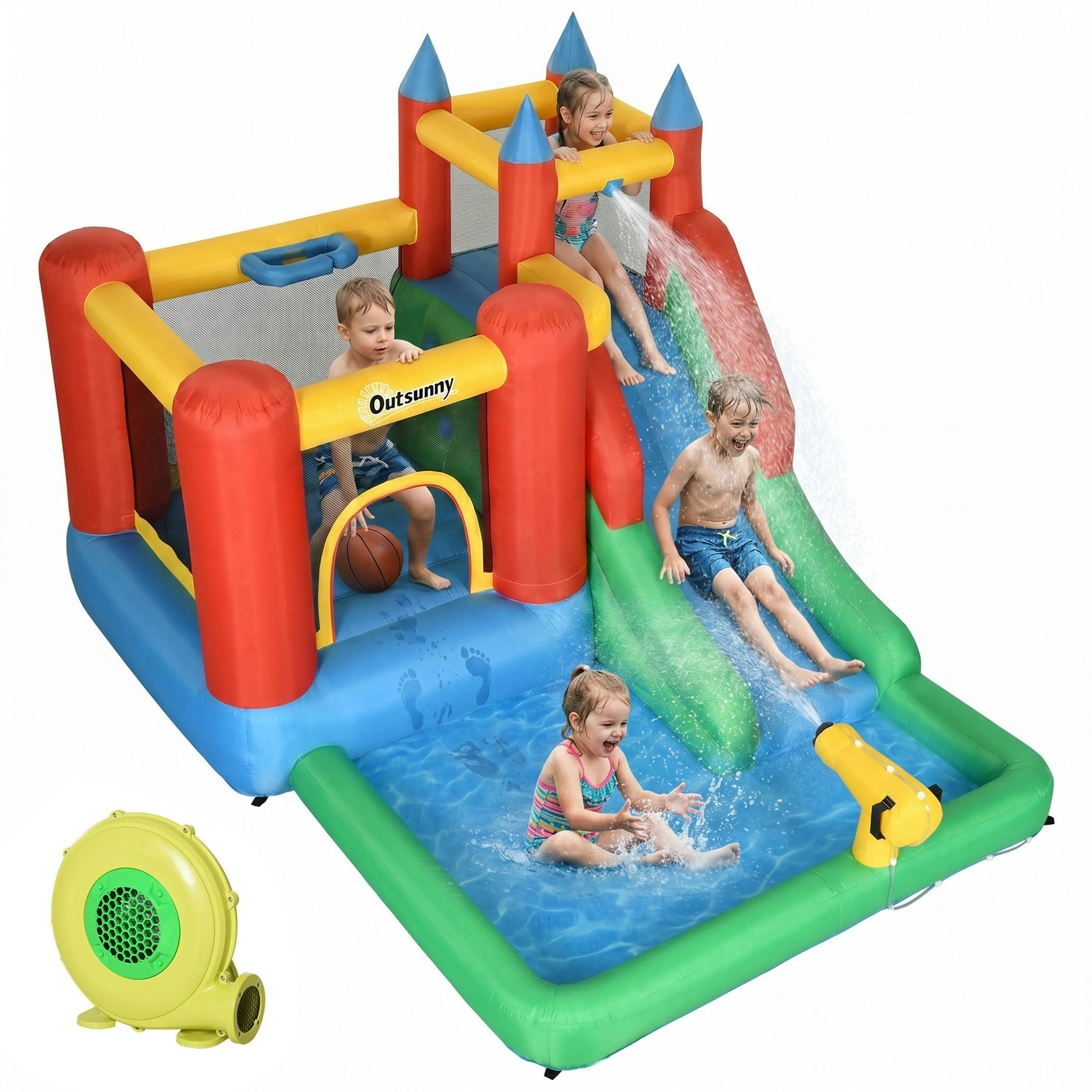 Outsunny Kids Bouncy Castle w/ Slide Water Pool Climbing Wall & Trampoline , view 2 of 6