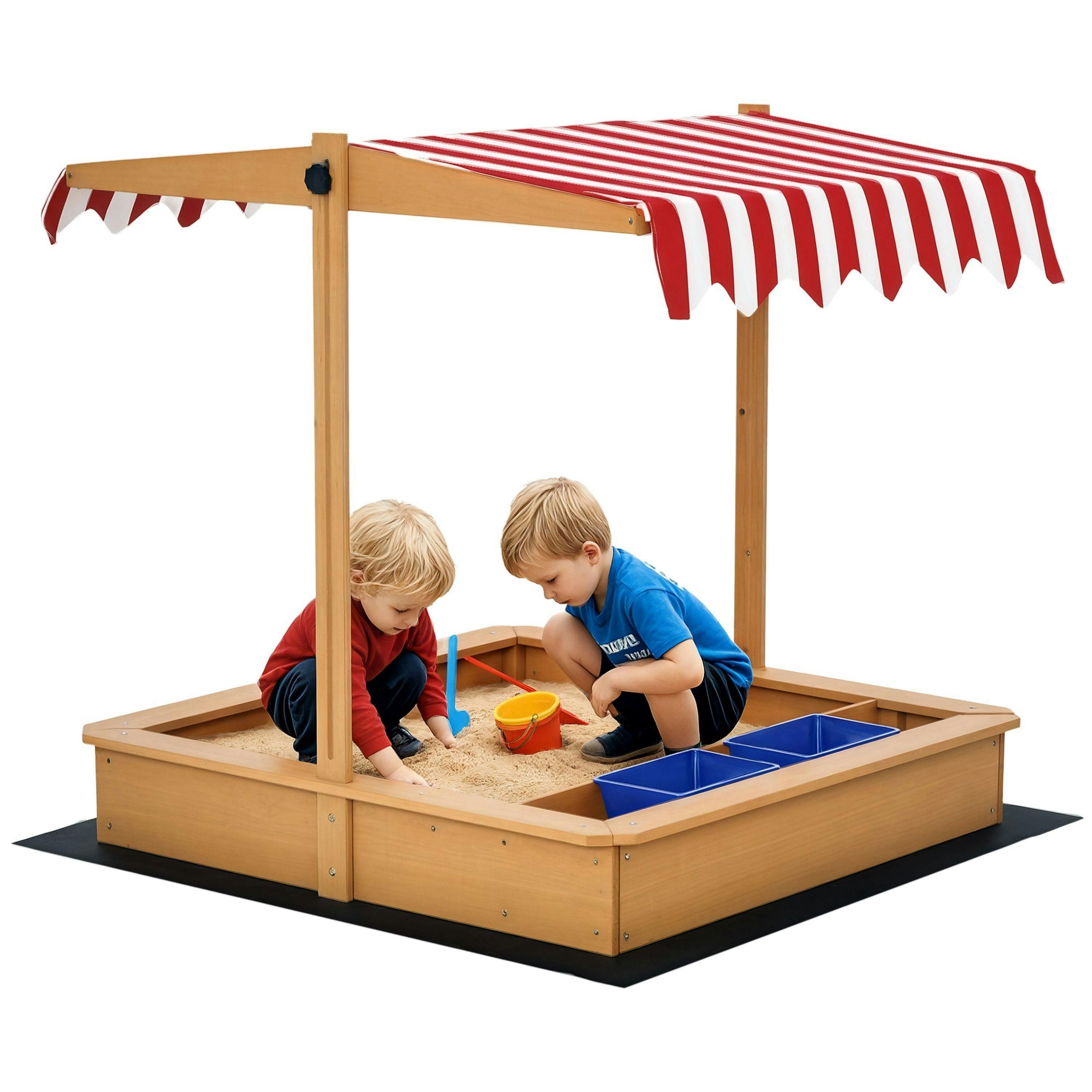 Outsunny Kids Wooden Sandbox Sand Pit Height Adjustable with Canopy Basins , view 2 of 6