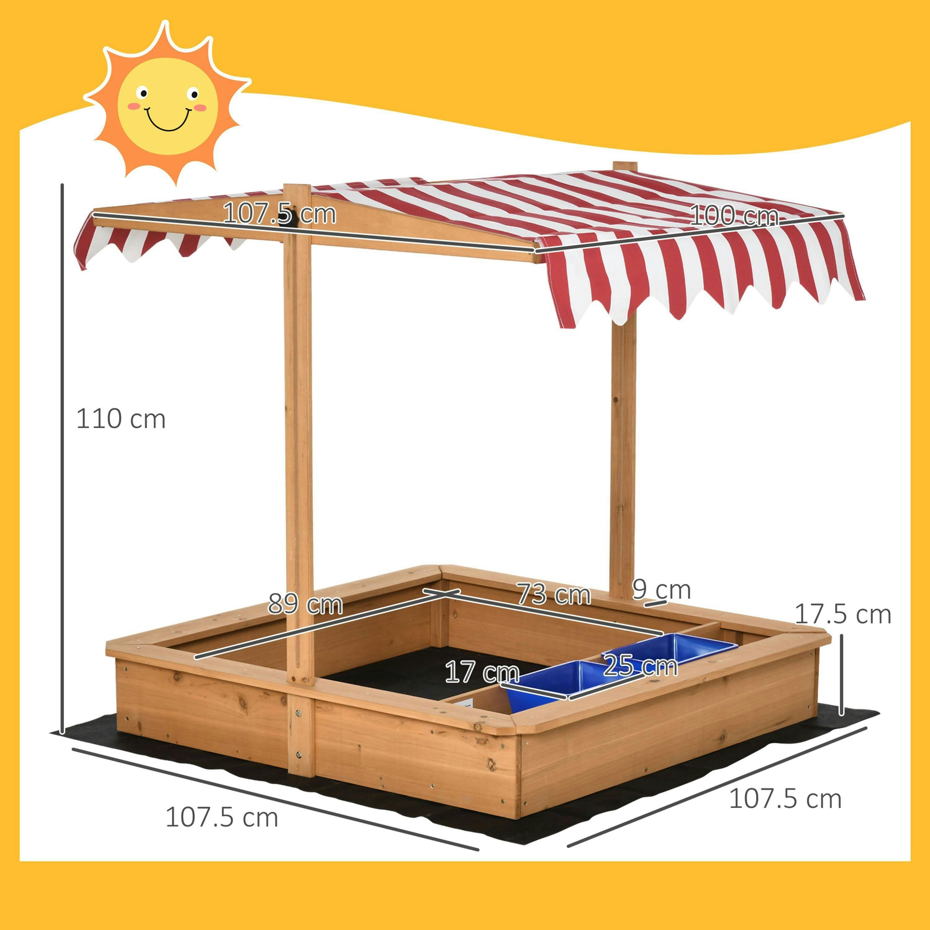 Outsunny Kids Wooden Sandbox Sand Pit Height Adjustable with Canopy Basins , view 3 of 6