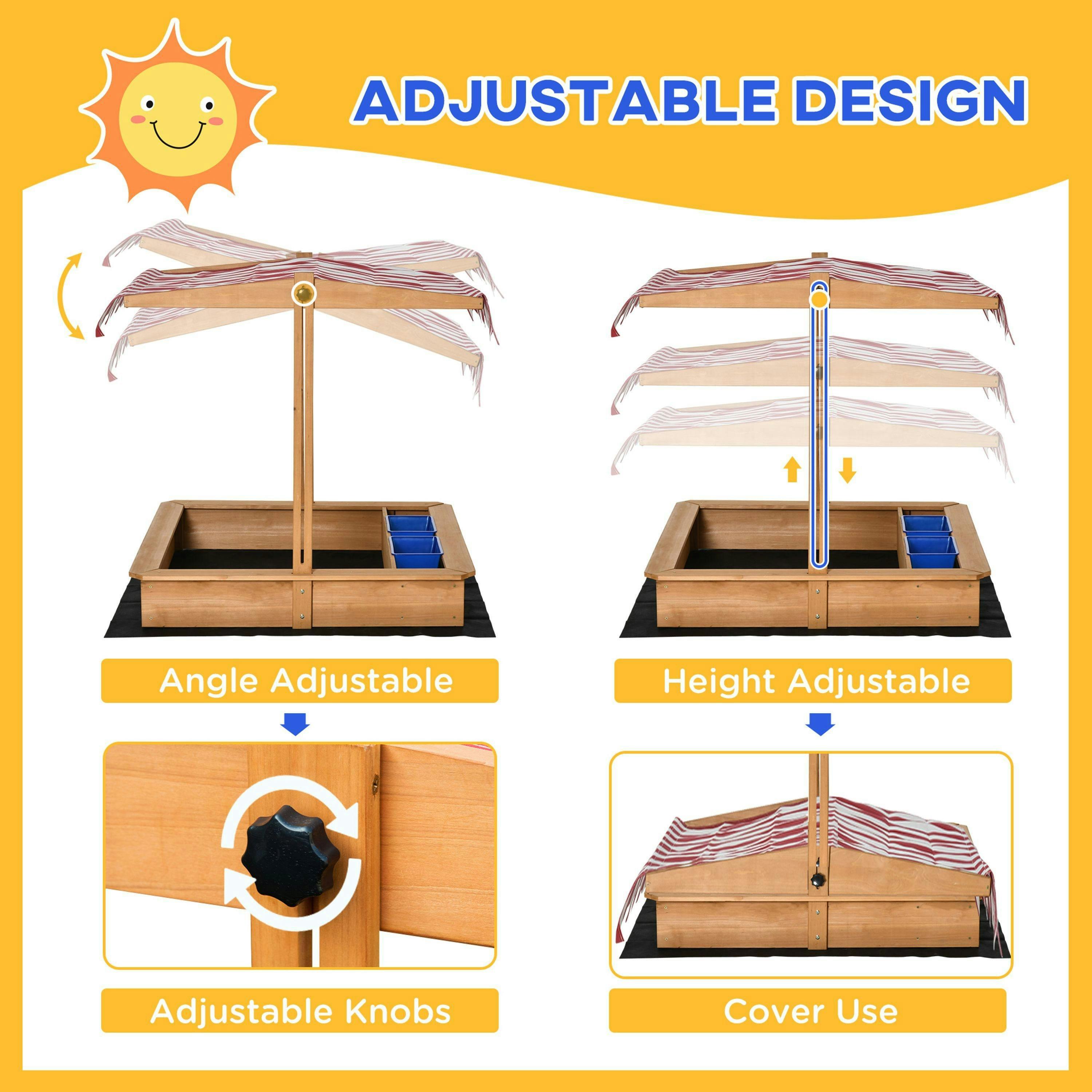 Outsunny Kids Wooden Sandbox Sand Pit Height Adjustable with Canopy Basins , view 4 of 6