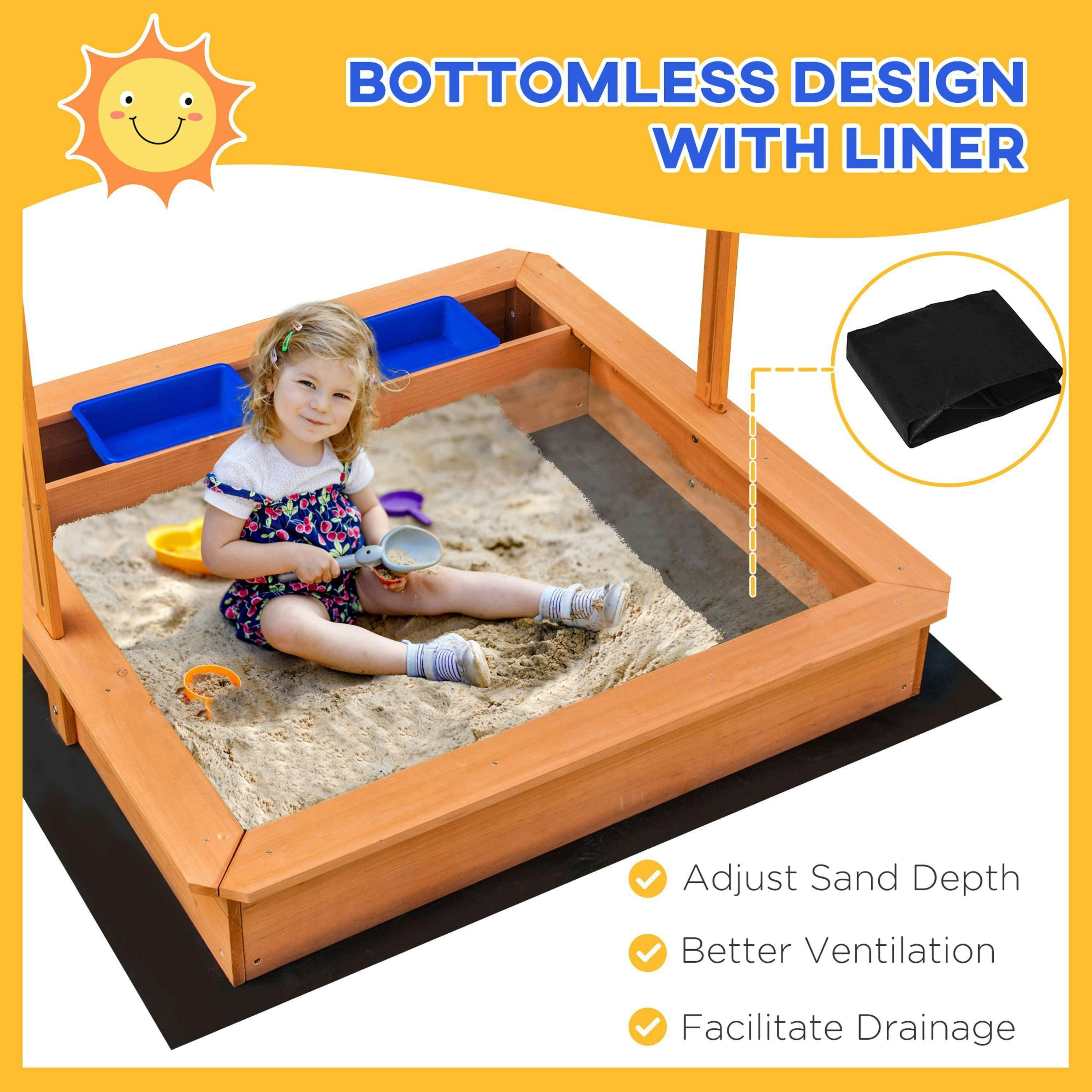 Outsunny Kids Wooden Sandbox Sand Pit Height Adjustable with Canopy Basins , view 5 of 6