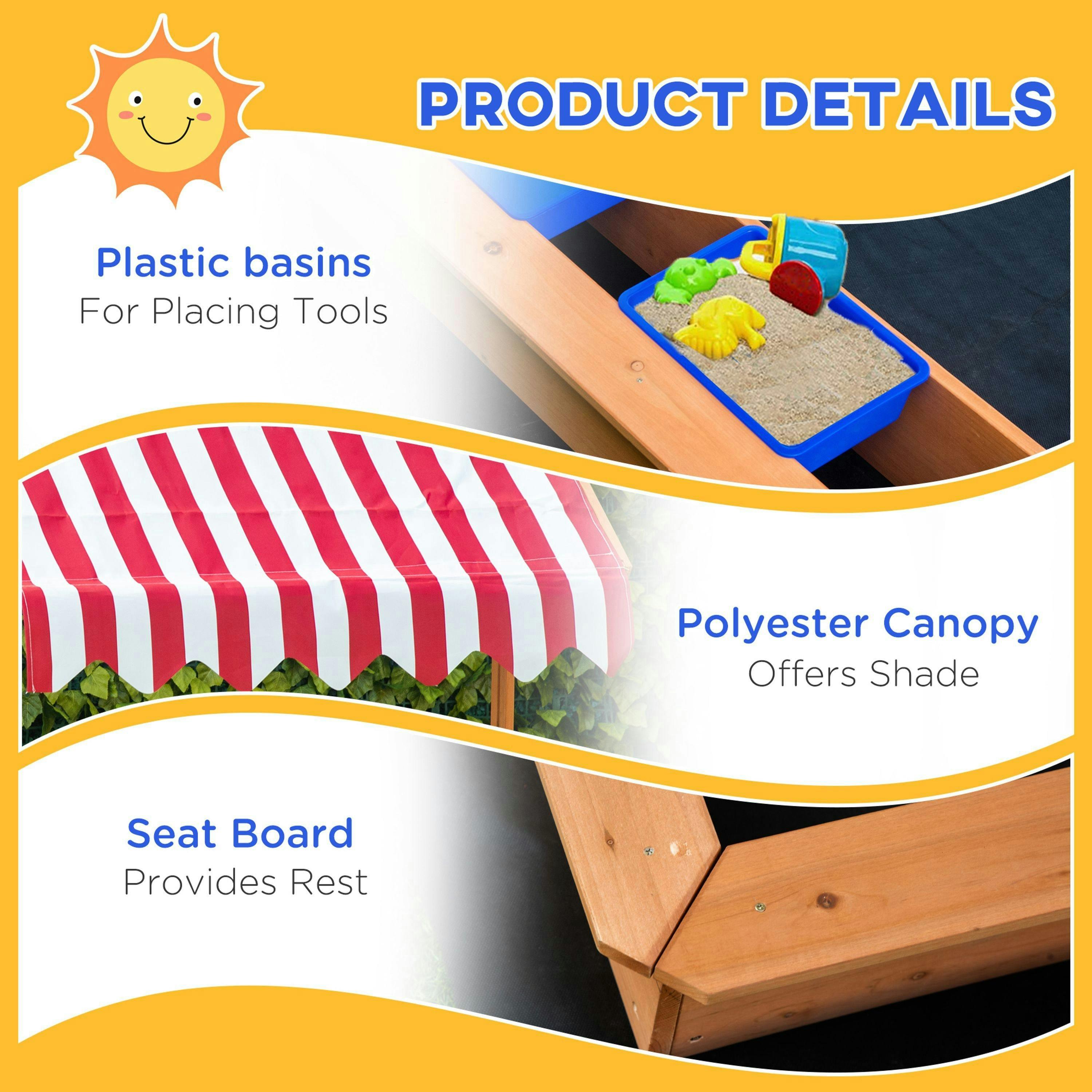 Outsunny Kids Wooden Sandbox Sand Pit Height Adjustable with Canopy Basins , view 6 of 6