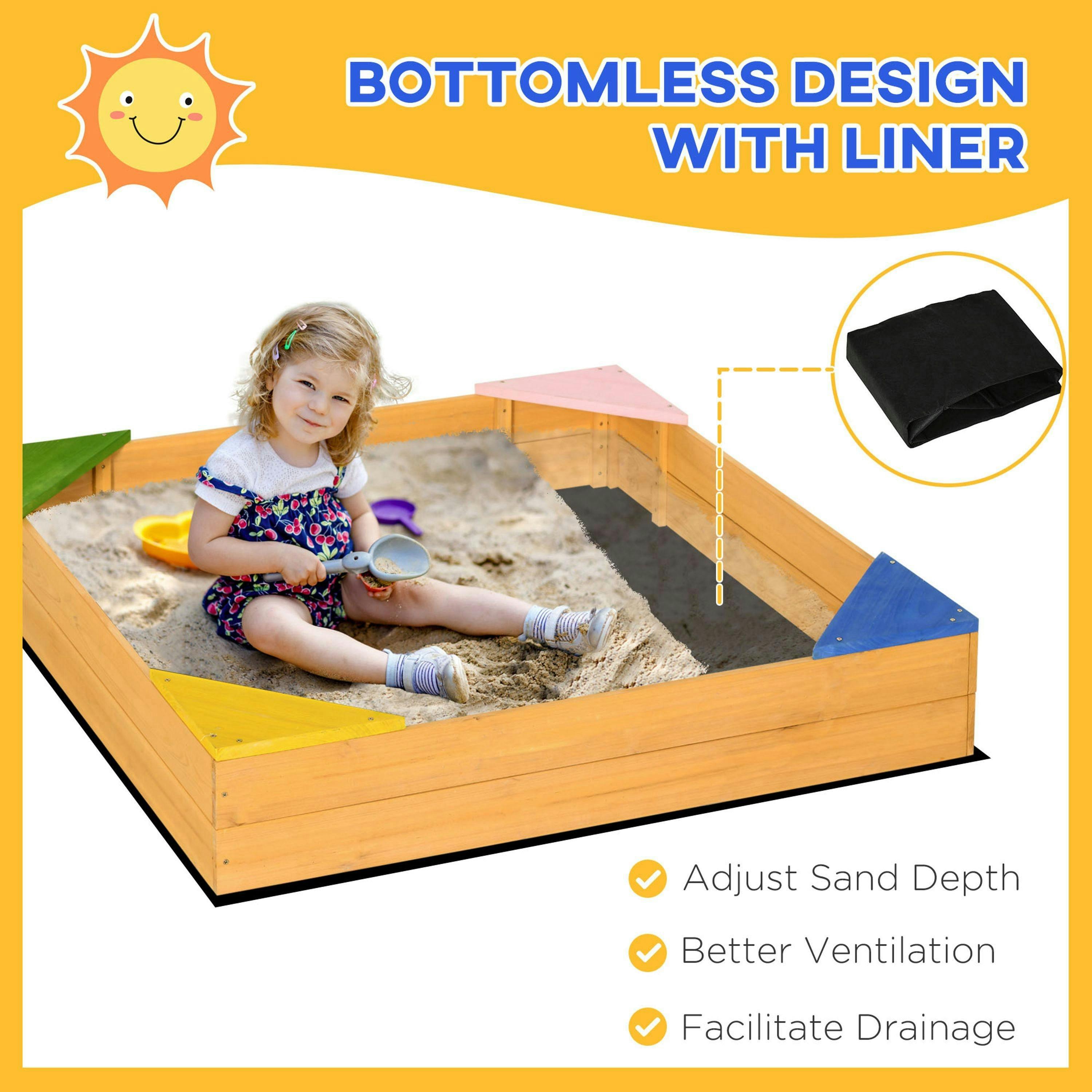 Outsunny Kids Wooden Sand Pit Sandbox w/ Seats, for Gardens, Playgrounds , view 4 of 6