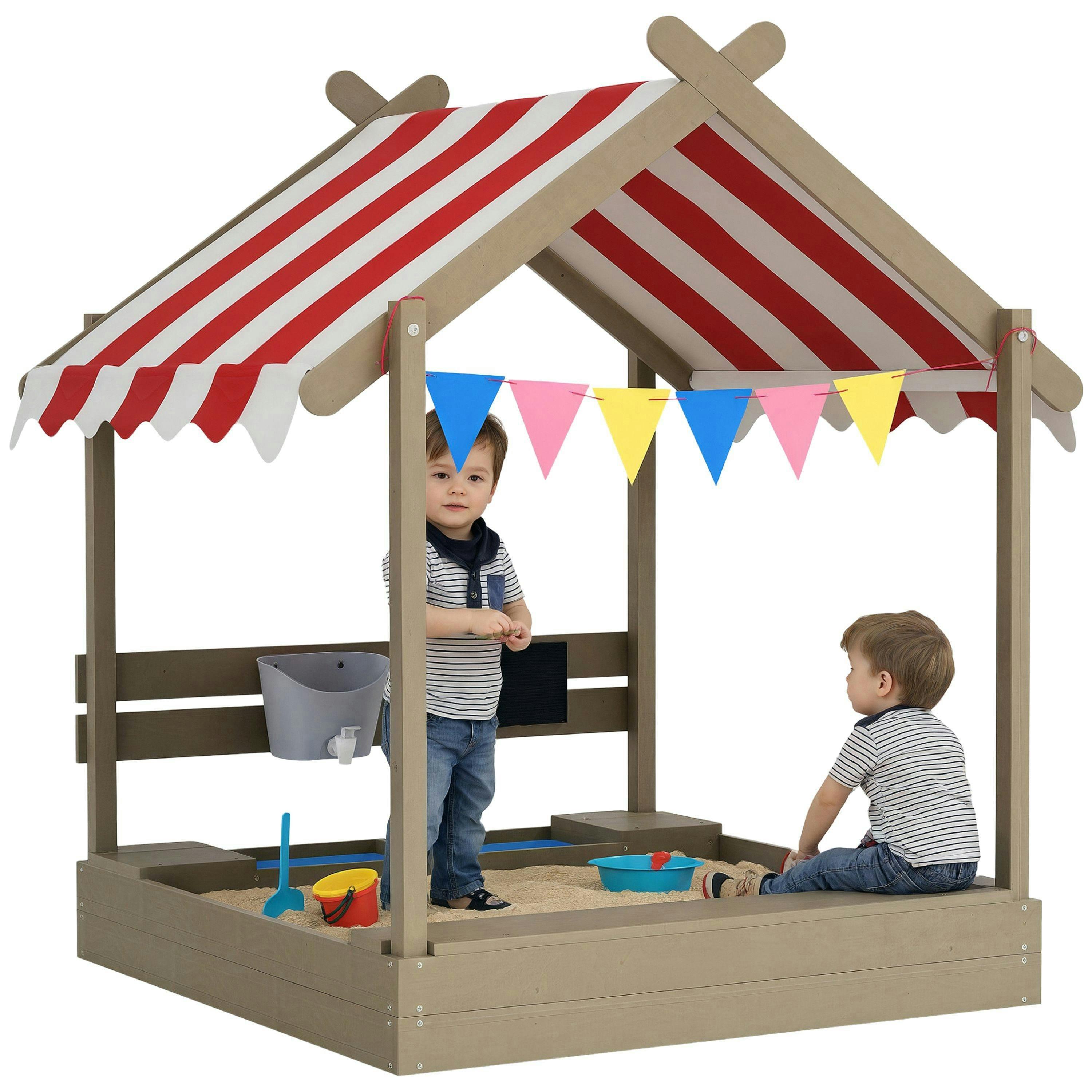 Outsunny Sand Pit with Canopy, Blackboard, Toys, Sink, Seats, Flags for Kids , view 2 of 6
