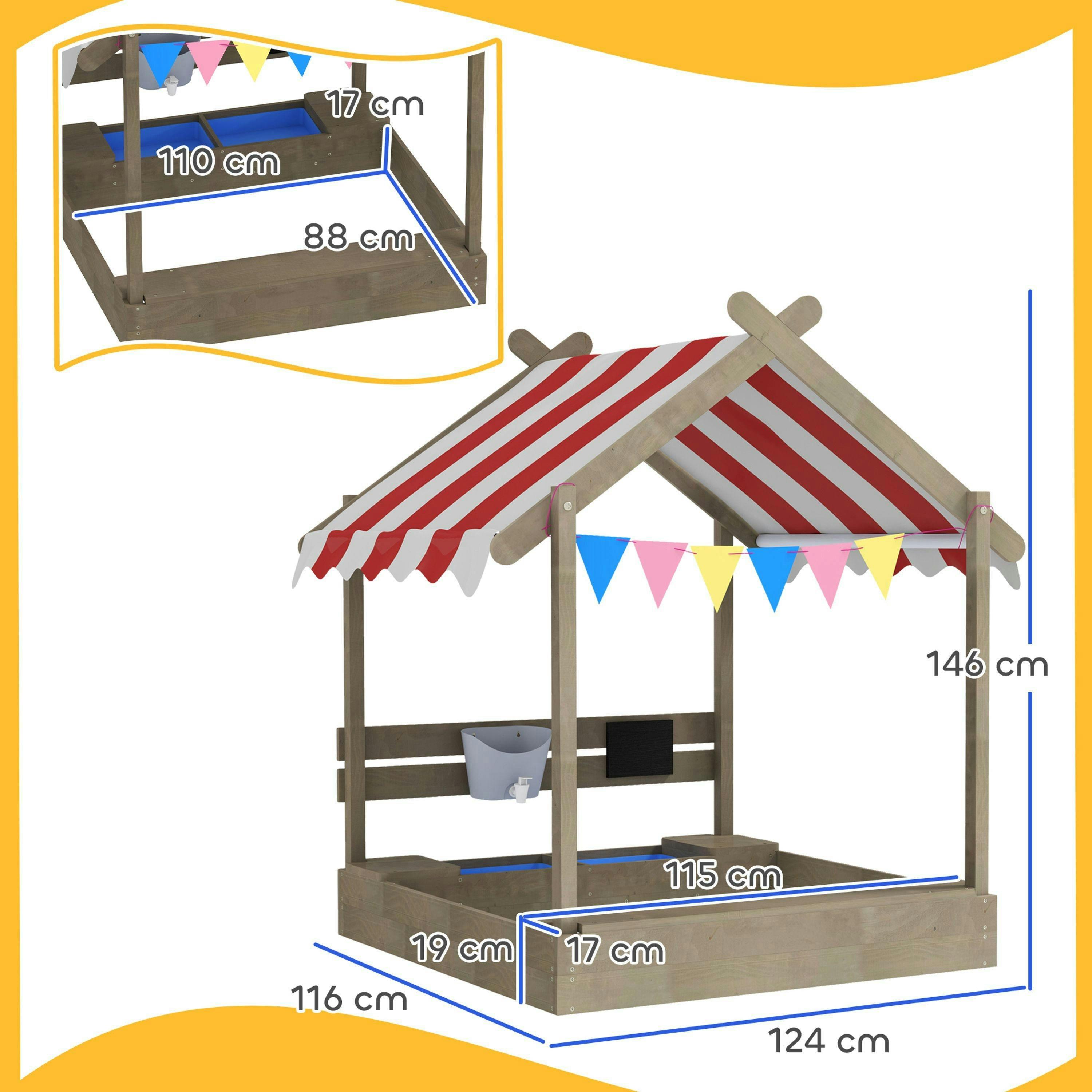Outsunny Sand Pit with Canopy, Blackboard, Toys, Sink, Seats, Flags for Kids , view 3 of 6