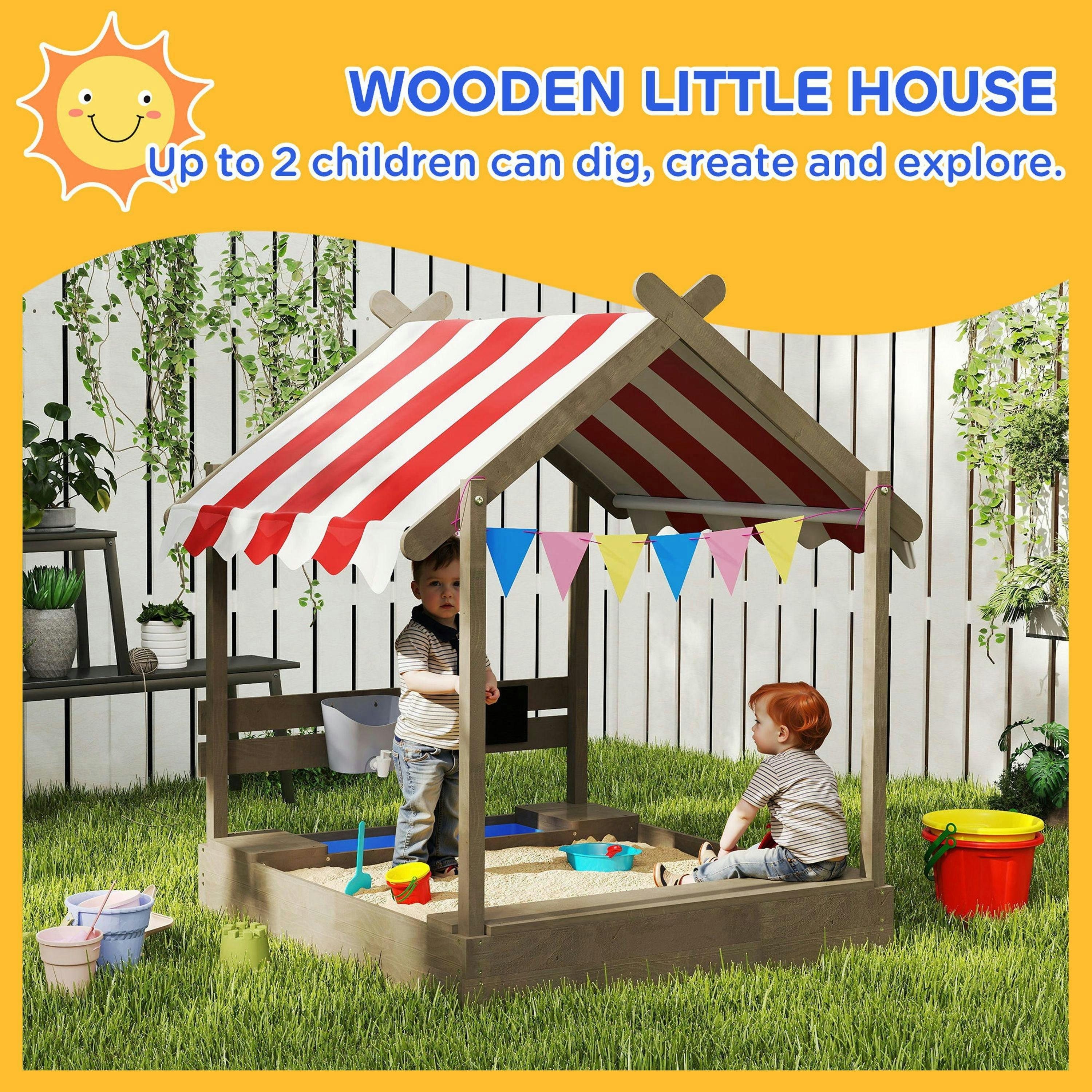 Outsunny Sand Pit with Canopy, Blackboard, Toys, Sink, Seats, Flags for Kids , view 4 of 6