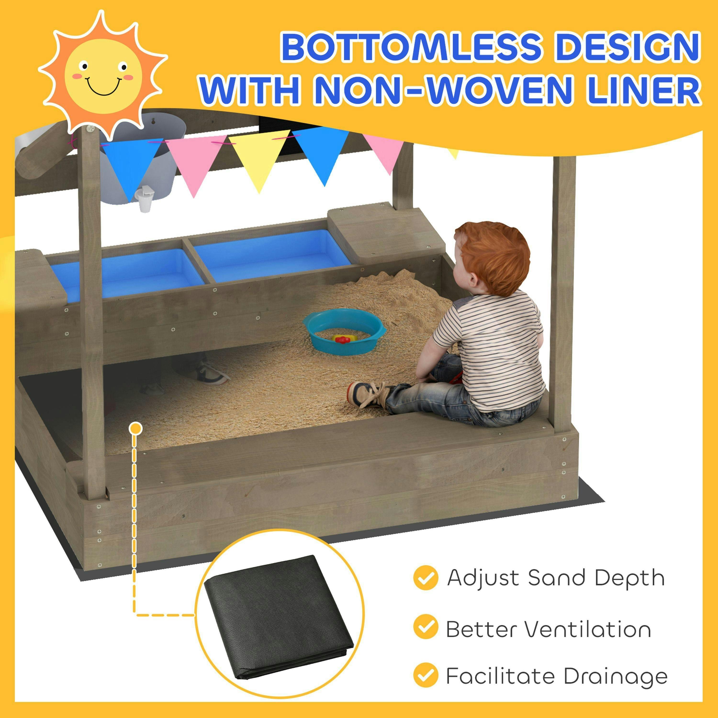 Outsunny Sand Pit with Canopy, Blackboard, Toys, Sink, Seats, Flags for Kids , view 5 of 6