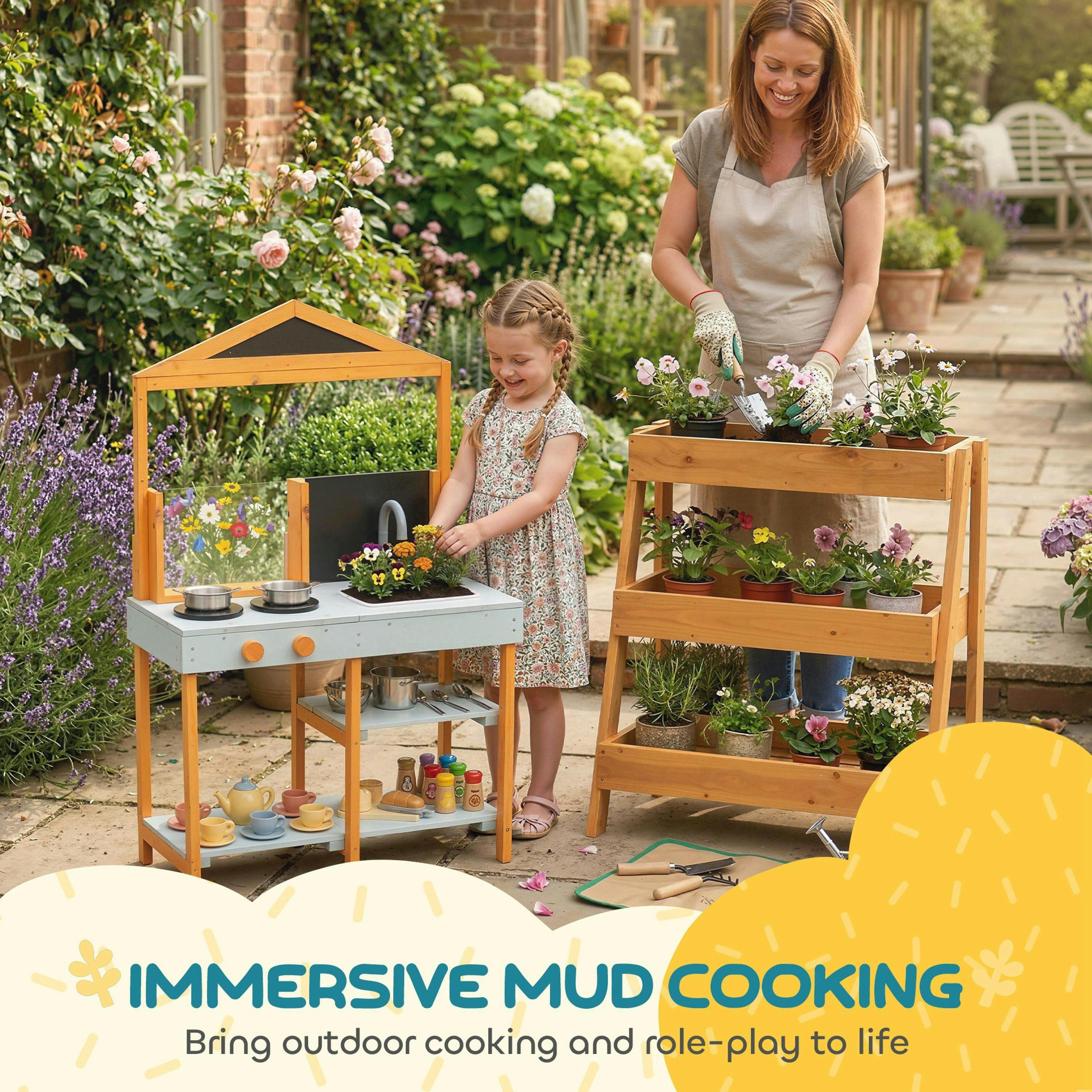 AIYAPLAY Wooden Mud Kitchen for Kids with Removable Sink, Cookware, Shelves , view 4 of 6