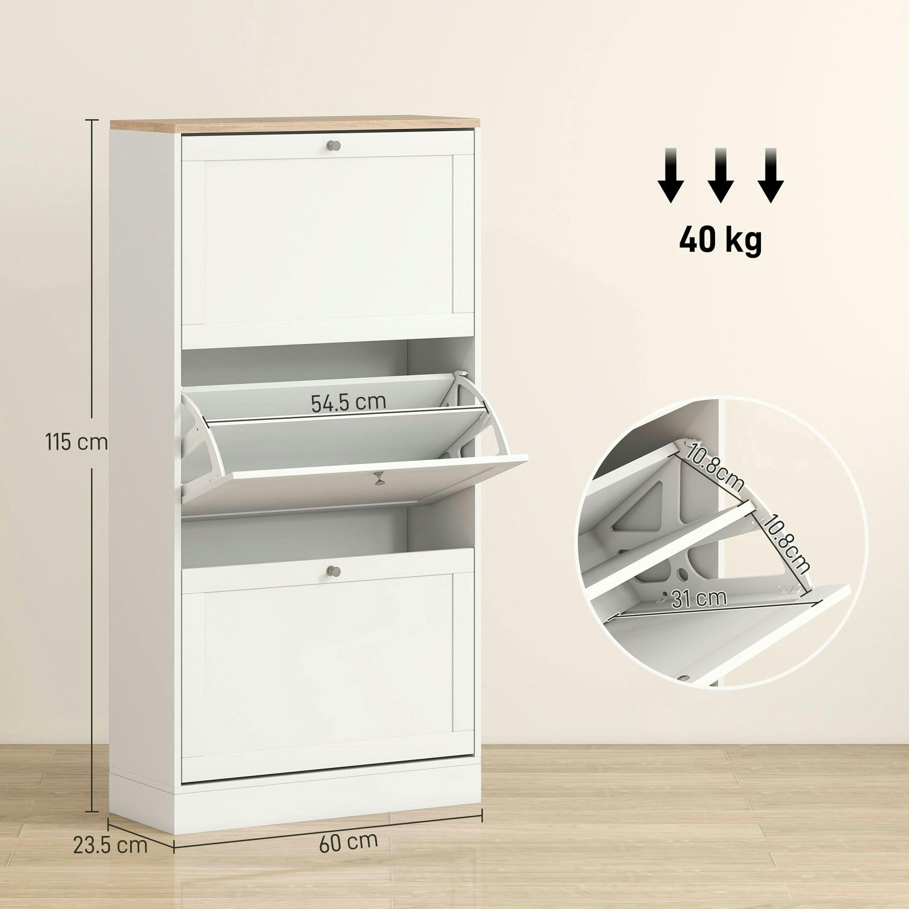 HOMCOM Narrow Shoe Cabinet w/ 3 Flip Drawers for 12-18 Pairs of Shoes White , view 3 of 5