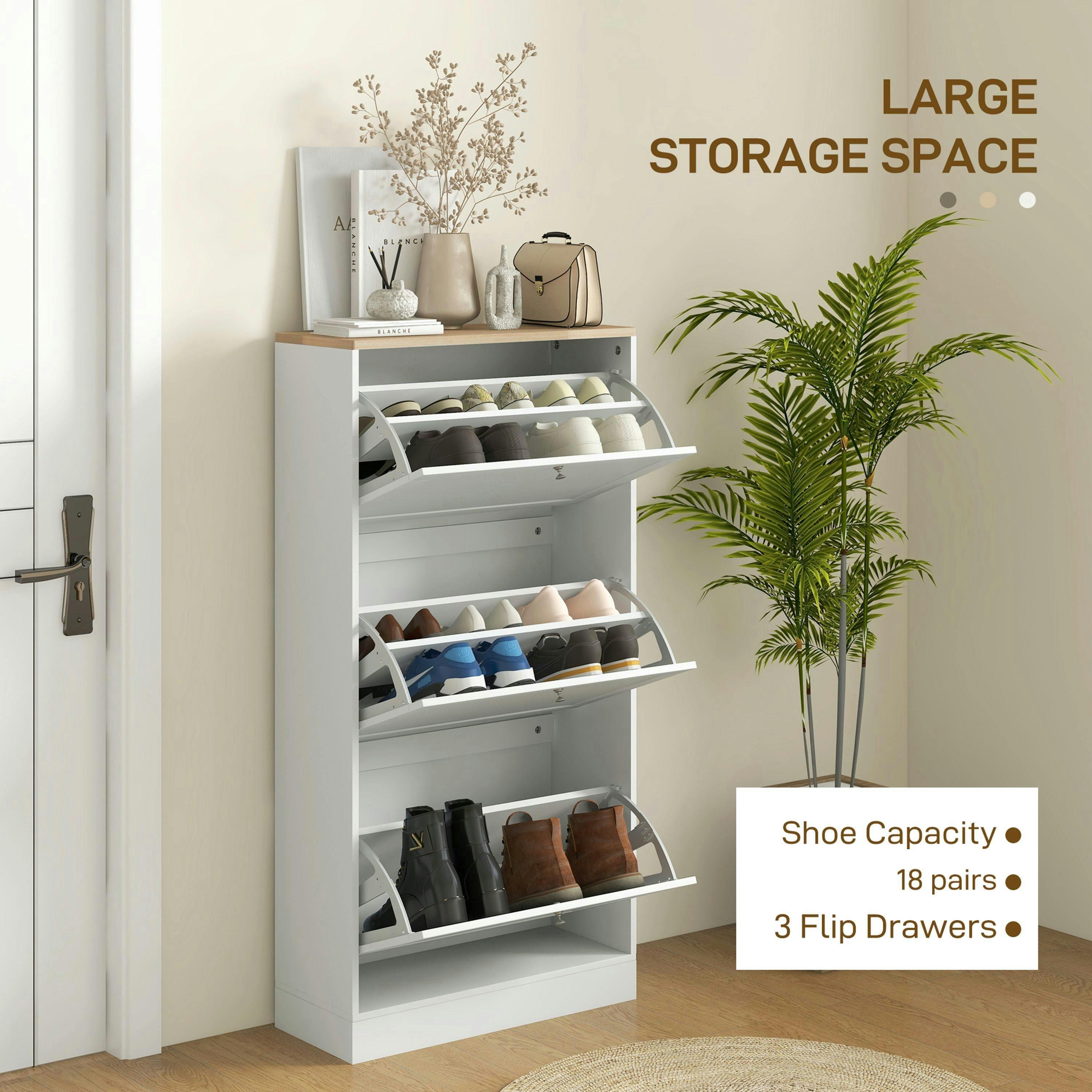 HOMCOM Narrow Shoe Cabinet w/ 3 Flip Drawers for 12-18 Pairs of Shoes White , view 4 of 5