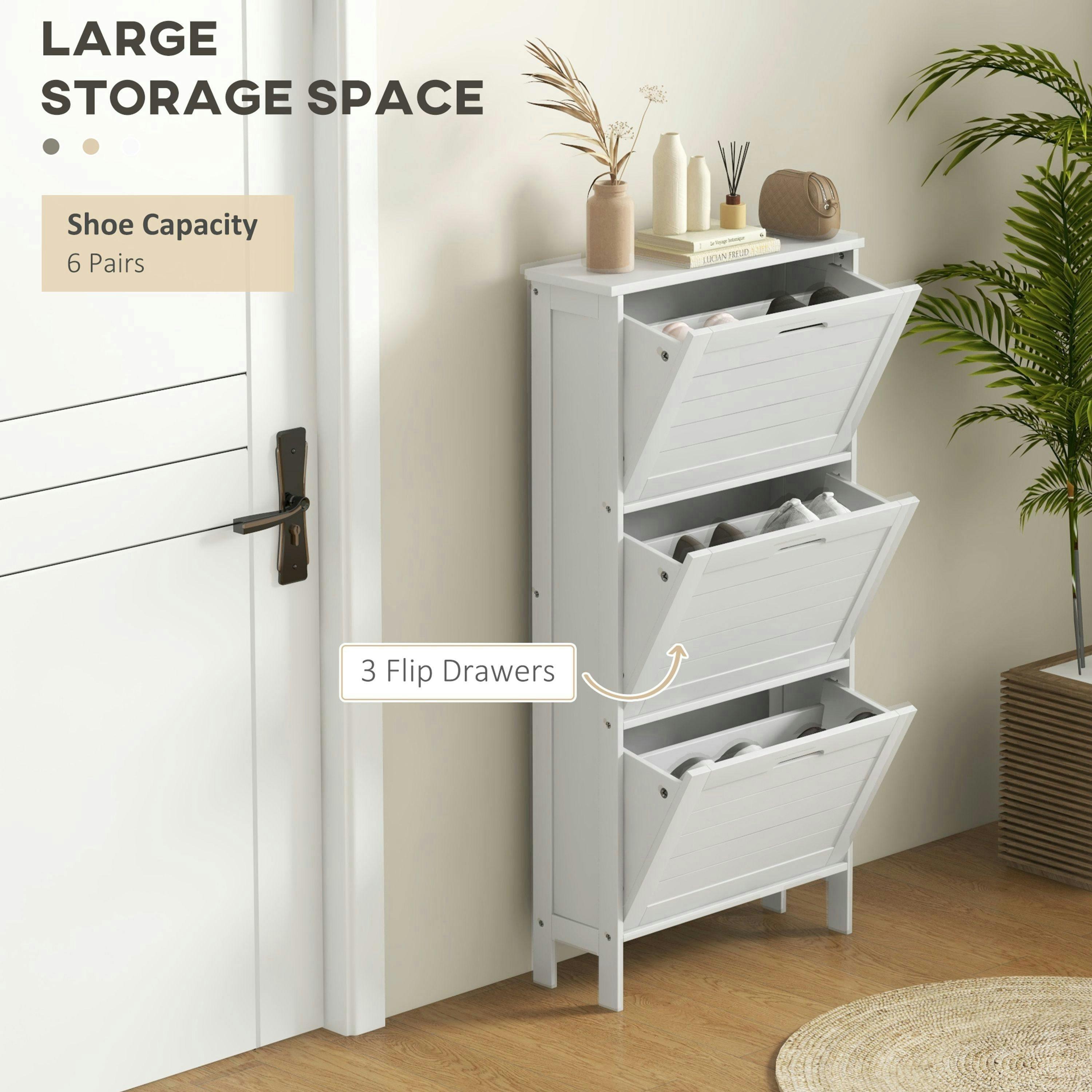 HOMCOM Narrow Shoe Storage Cabinet with 3 Flip Drawers, White , view 4 of 5