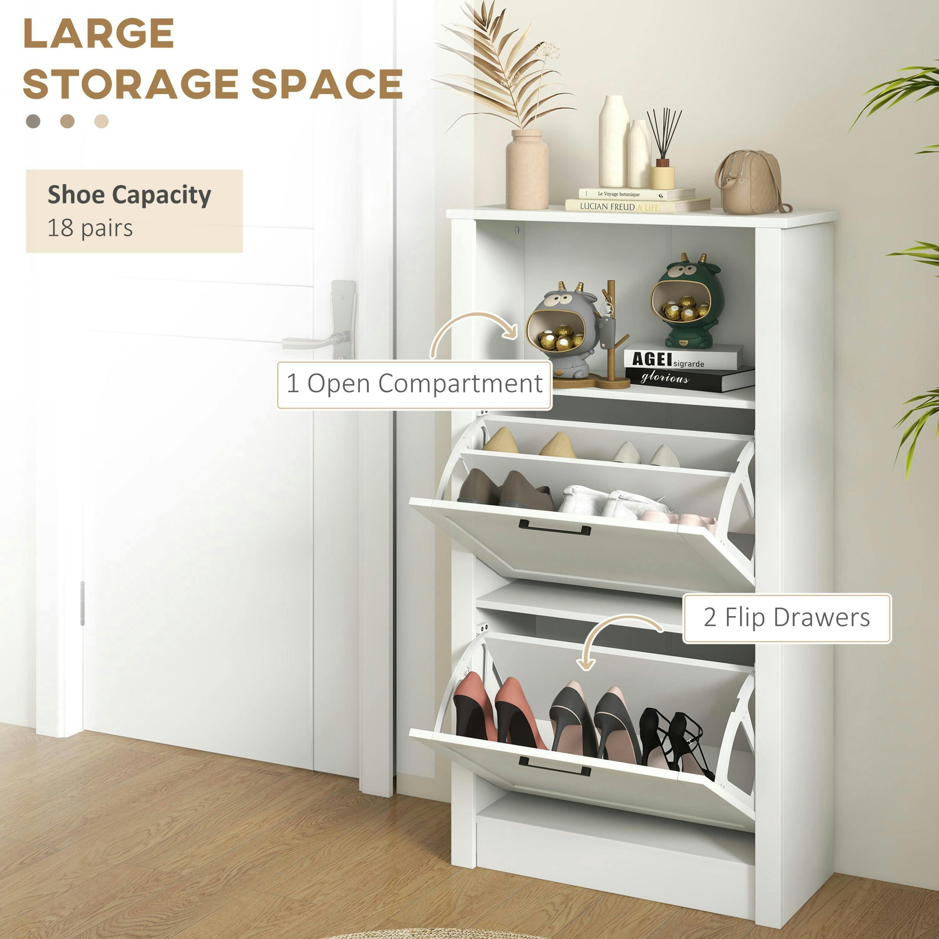 HOMCOM Modern Shoe Cabinet with 2 Flip Drawers and Adjustable Shelves, White , view 4 of 5
