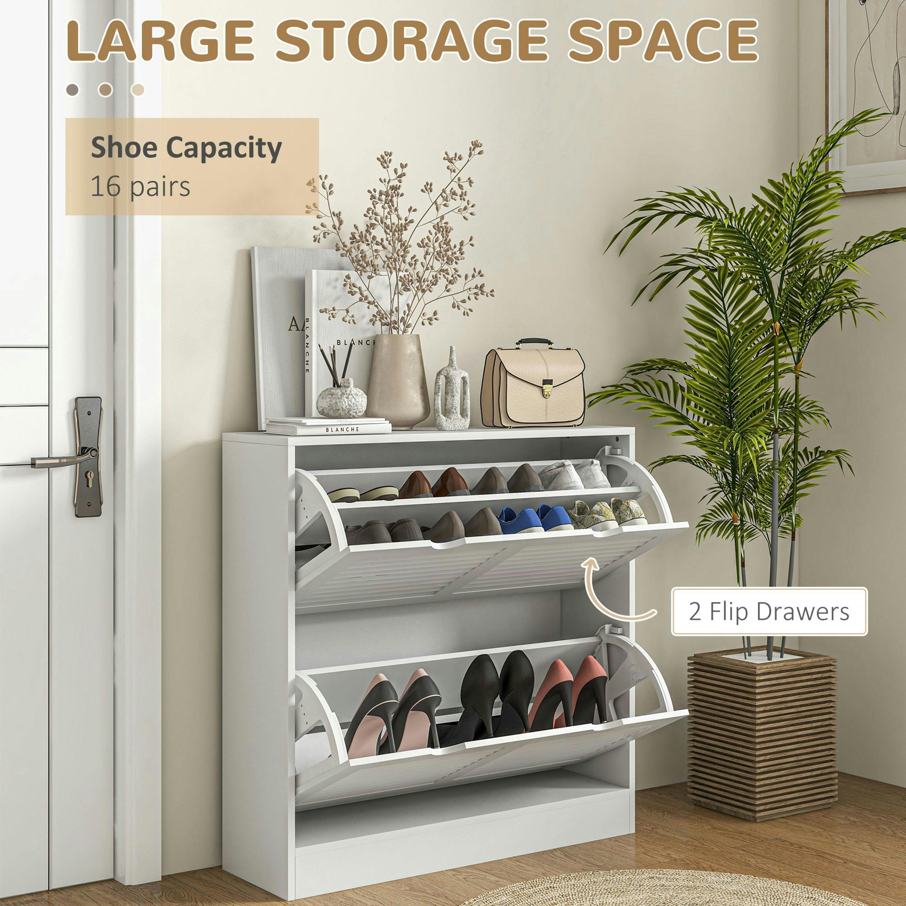 HOMCOM Slim Shoe Storage Cabinet with 2 Flip Drawers for Entryway, White , view 4 of 5